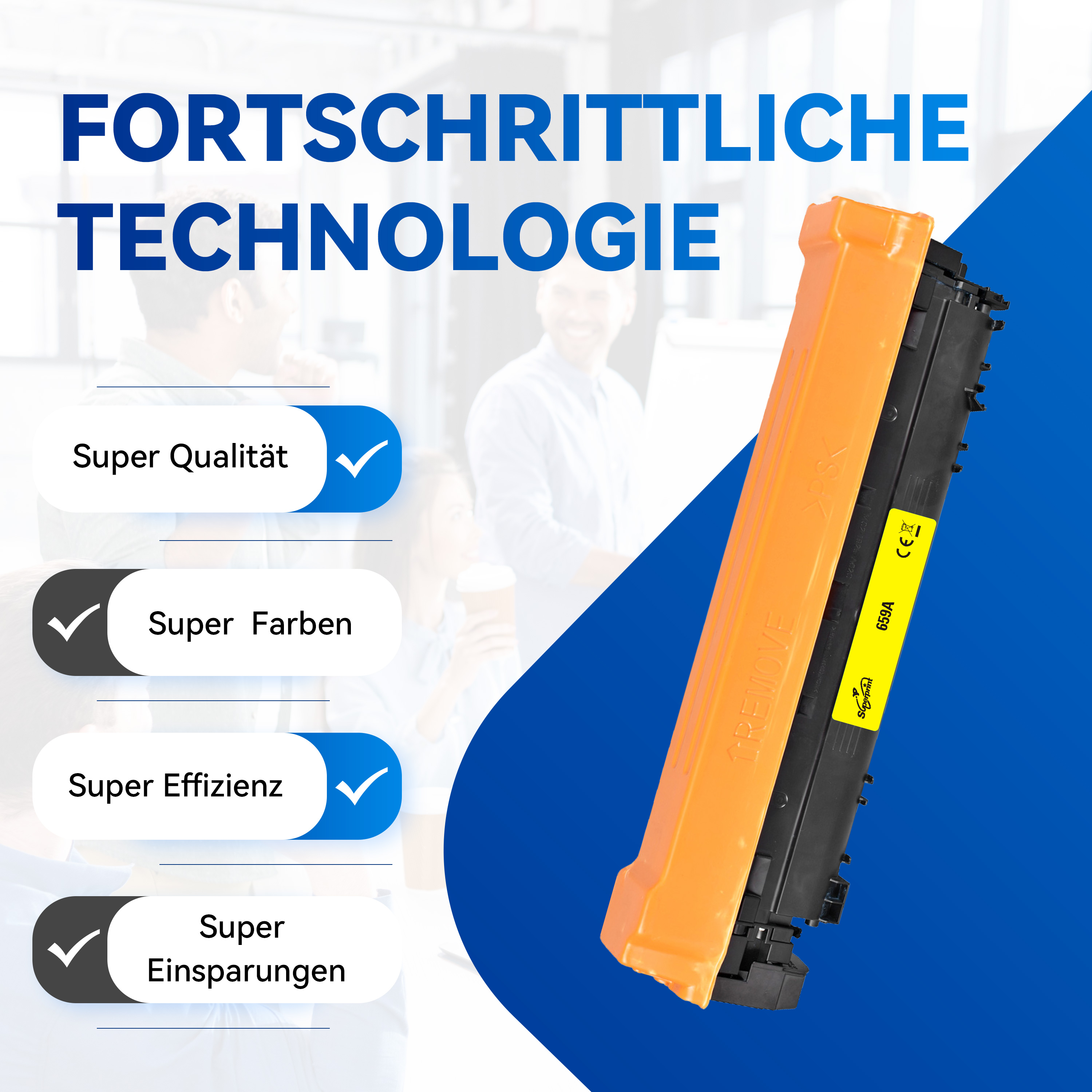 Oranje en zwarte printercartridge met vinkjes naast de tekst: super kwaliteit, kleuren, efficiëntie, besparingen.