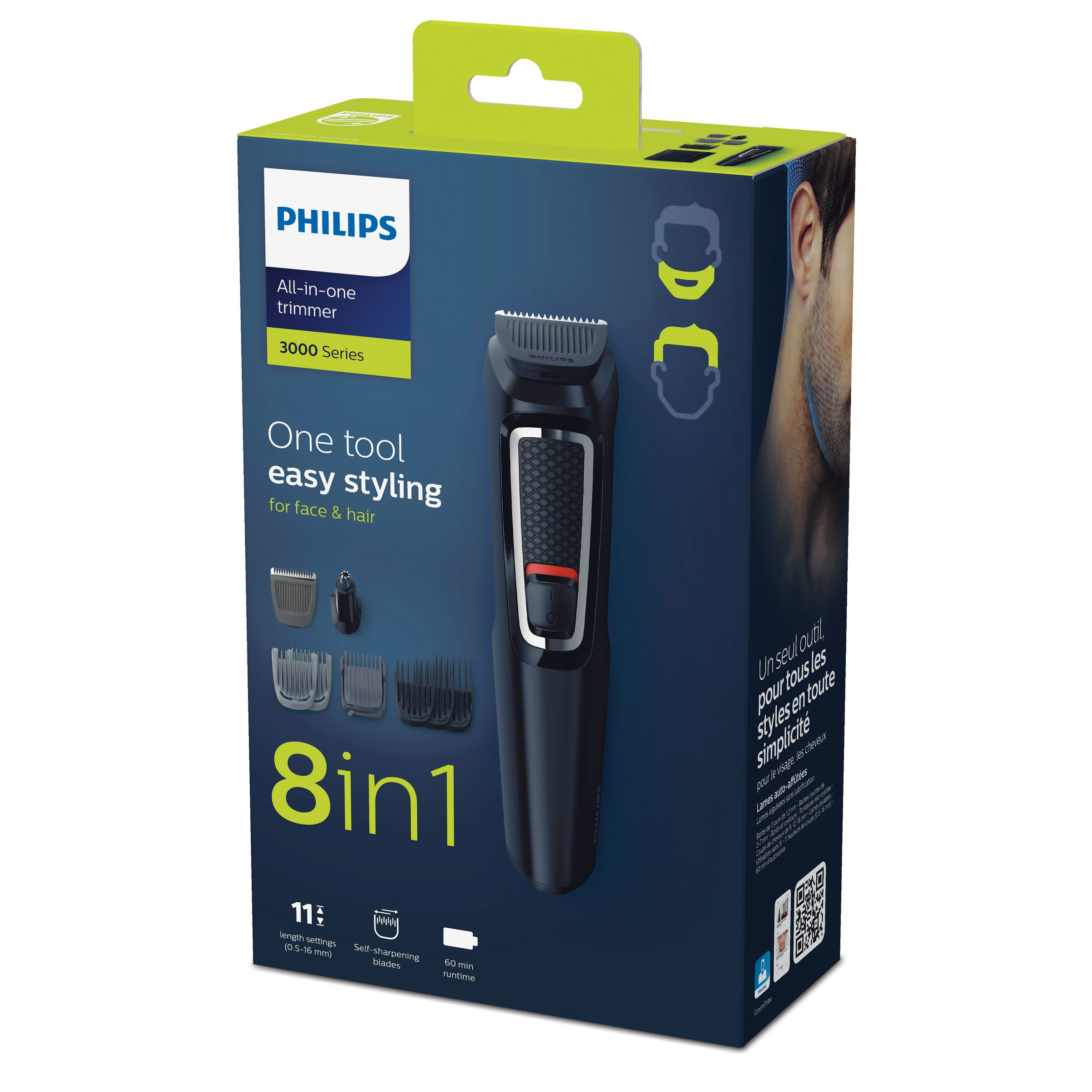 Box für Philips 3000 Series All-in-One Trimmer. Enthält Trimmer und Zubehör.