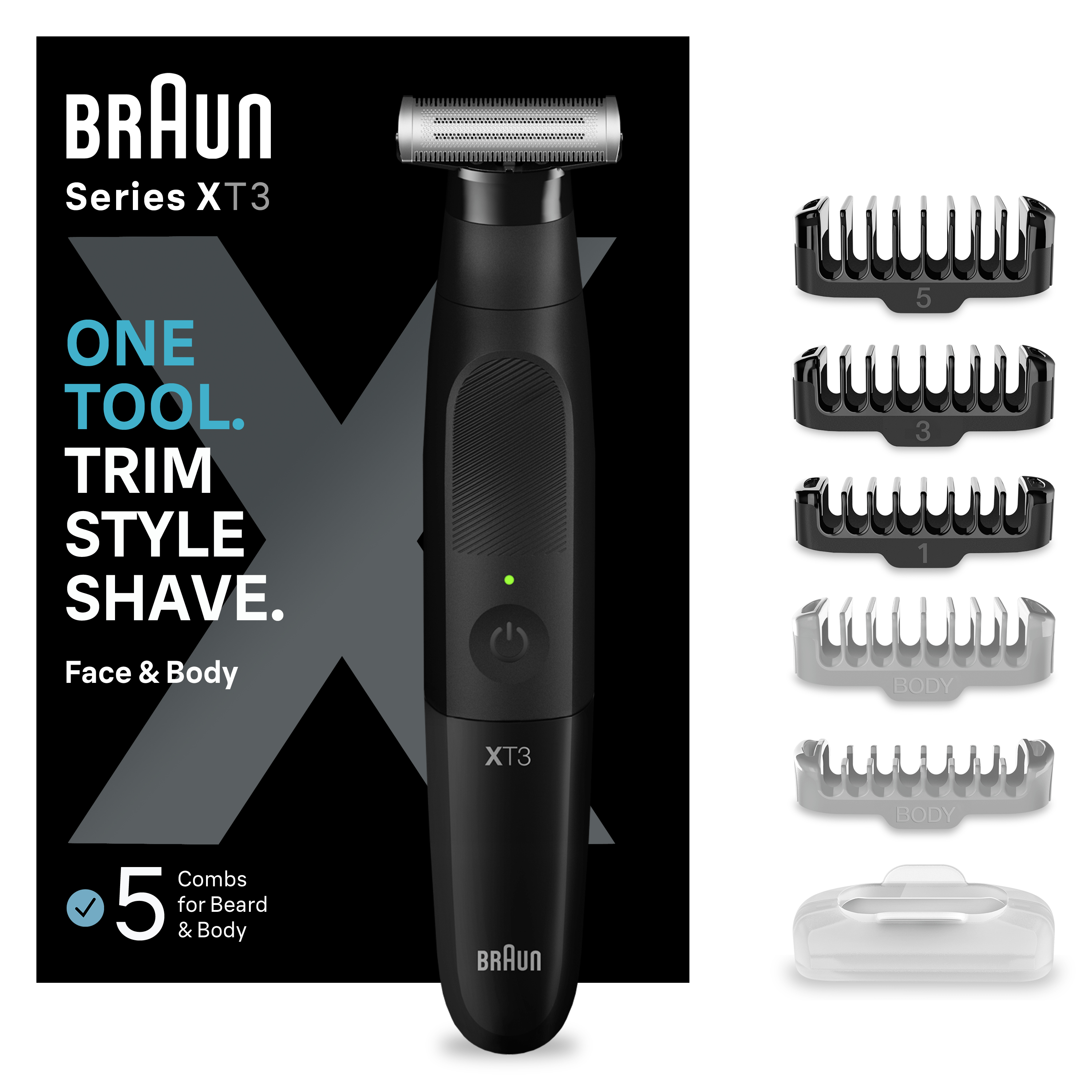 Golarka Braun Series XT3 i akcesoria, czarno-białe, na białym tle.