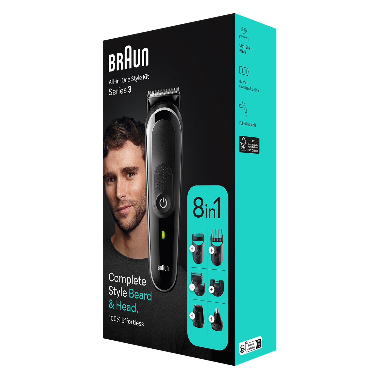 Eine Braun Series 3 All-in-One Style Kit Box. Die Box zeigt einen Mann und einen Trimmer mit mehreren Aufsätzen.