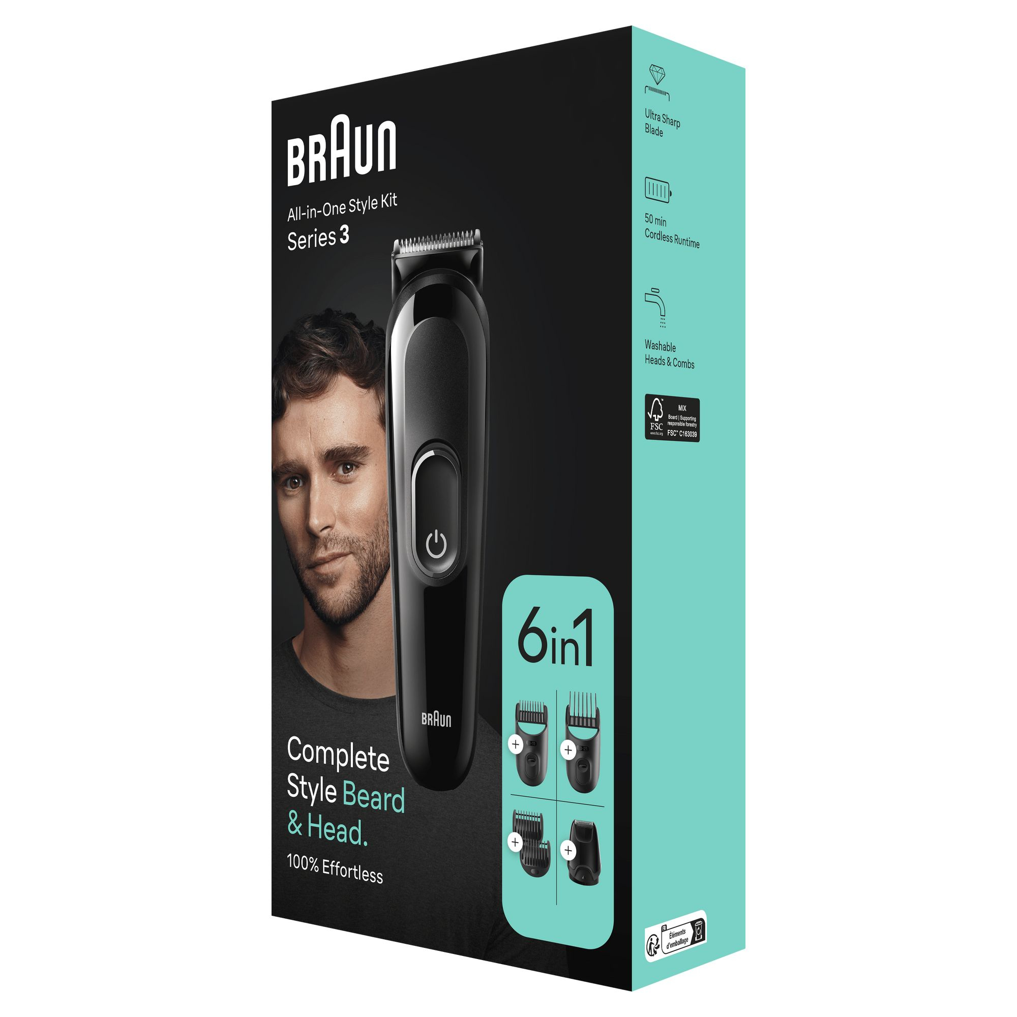 Una scatola nera e verde acqua del regolabarba e testa Braun Series 3 con il volto di un uomo e diagrammi delle testine.