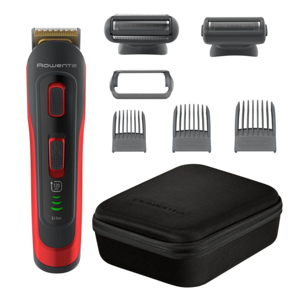 Set tagliacapelli Rowenta. Include il tagliacapelli, diverse testine e una custodia nera.