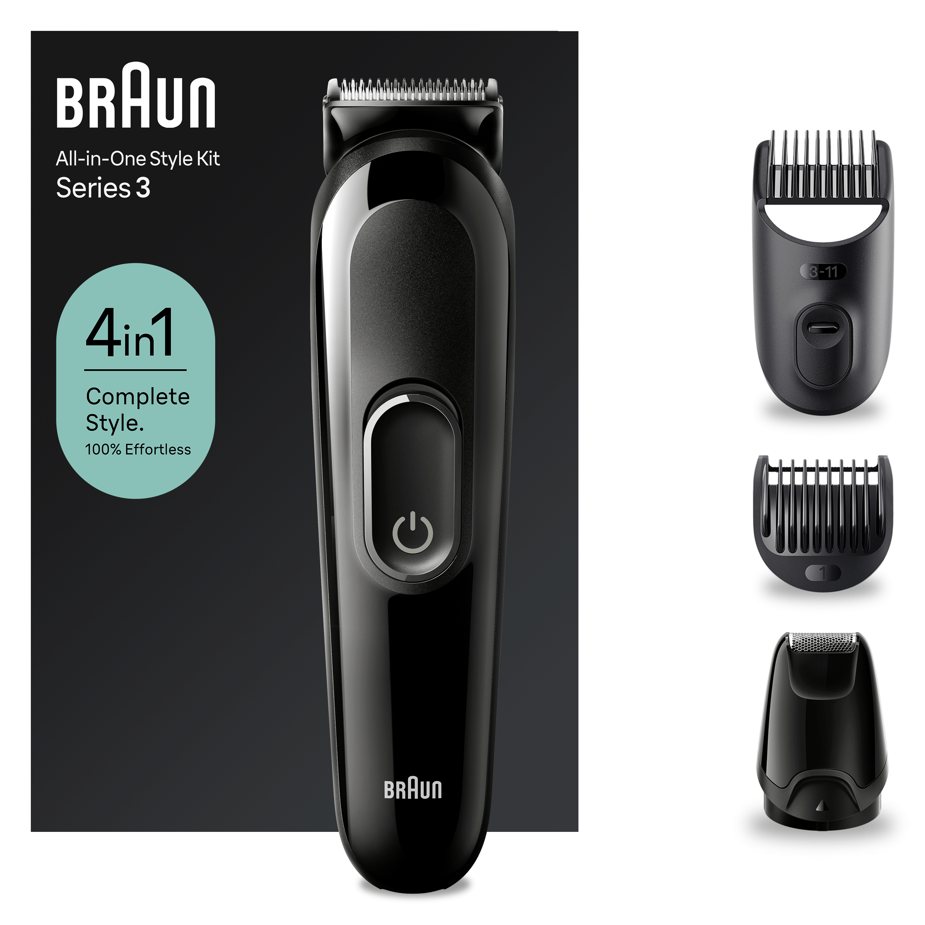 Schwarzer Braun Barttrimmer mit Aufsätzen. Die Box hat Text. Weißer Hintergrund.
