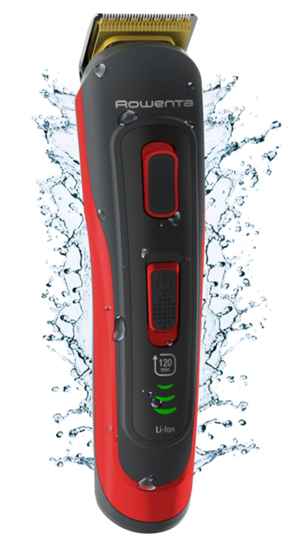 Tagliacapelli rosso e nero con spruzzi d'acqua. Mostra pulsanti di accensione e durata batteria.