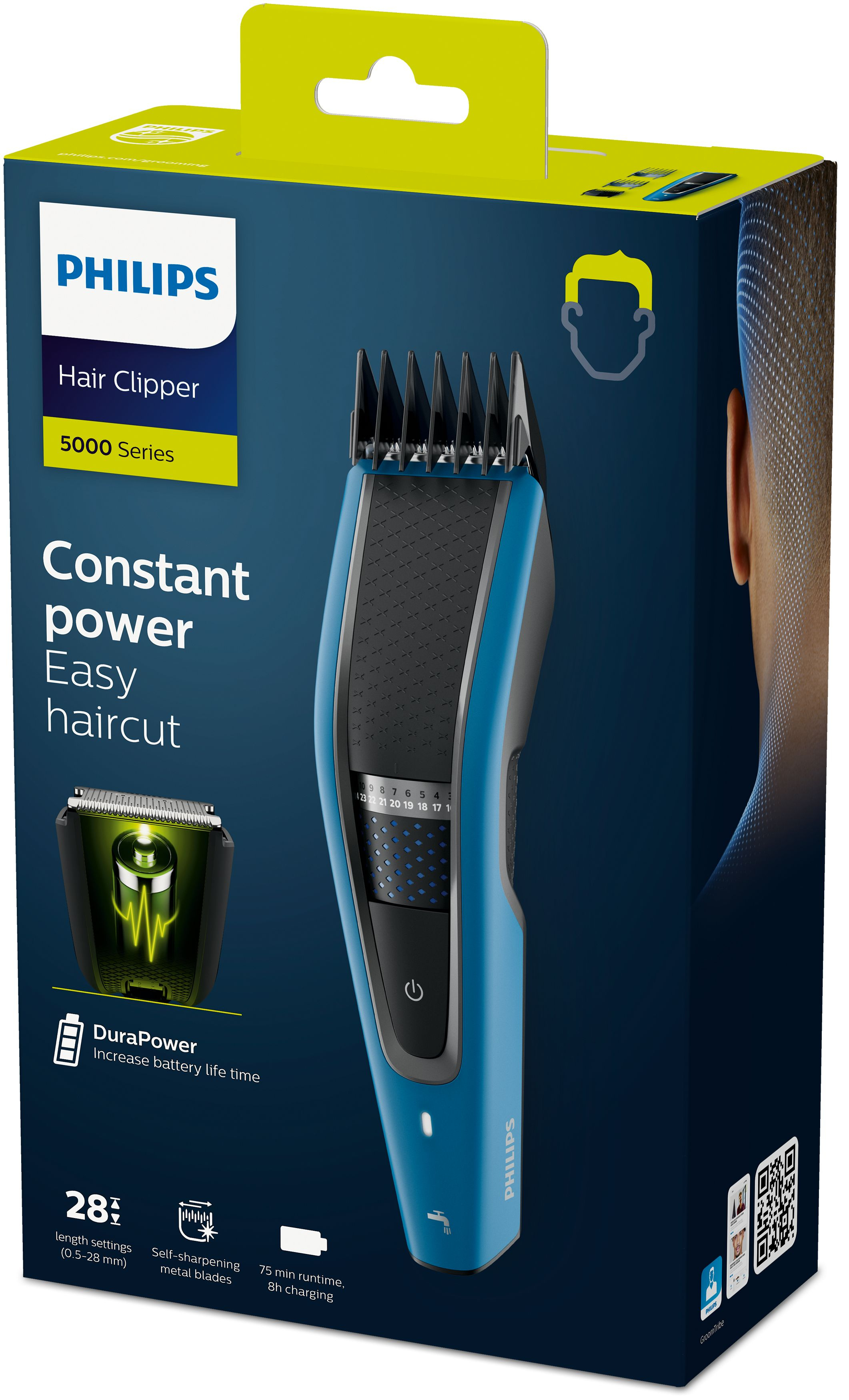 Philips Haarschneider in Box. Blaues und schwarzes Design mit Text und Diagramm.
