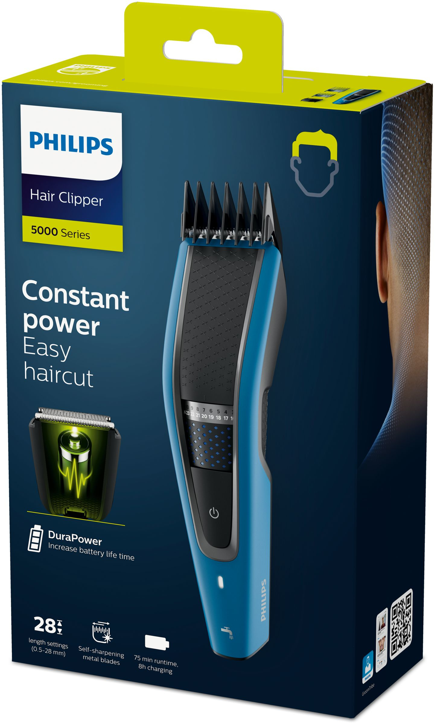 Ein Philips Haarschneider in einer blau-schwarzen Schachtel, mit Nahaufnahme des Clippers.