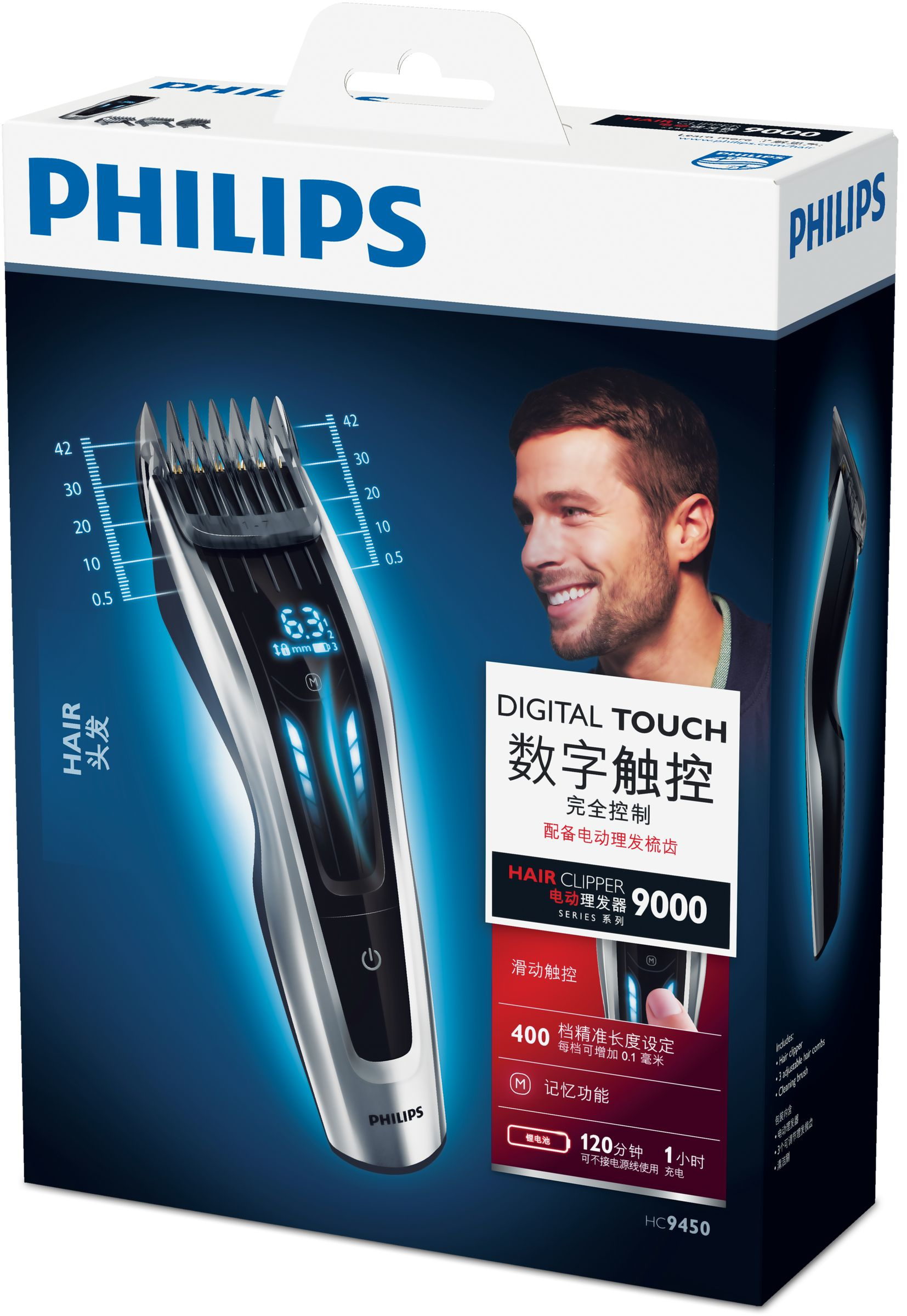 Cortapelos Philips en su caja. Un hombre en la caja sonríe. Fondo blanco.