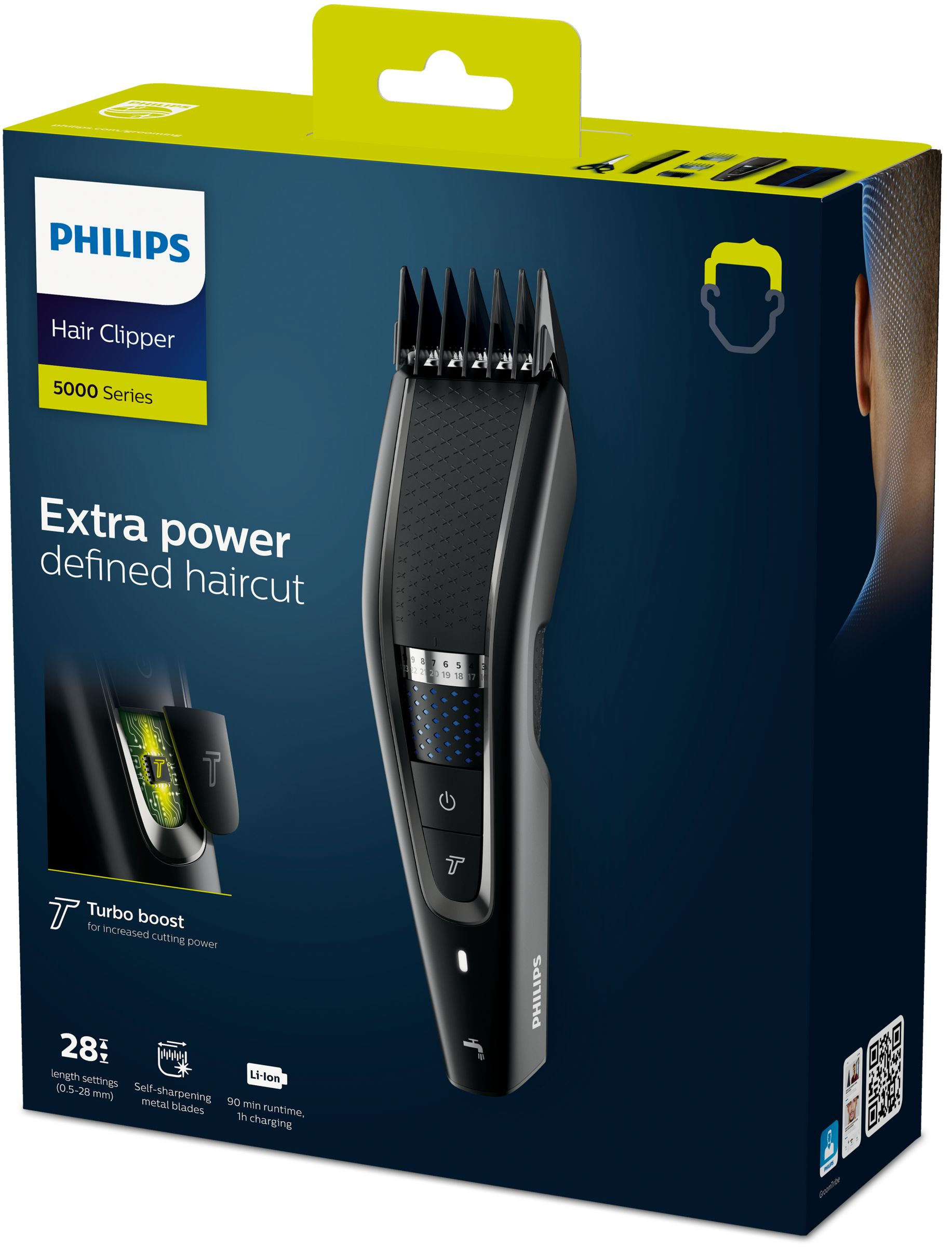 Pudełko Philips Hair Clipper. Czarno-szara maszynka do strzyżenia z widokiem ostrza i ustawień.