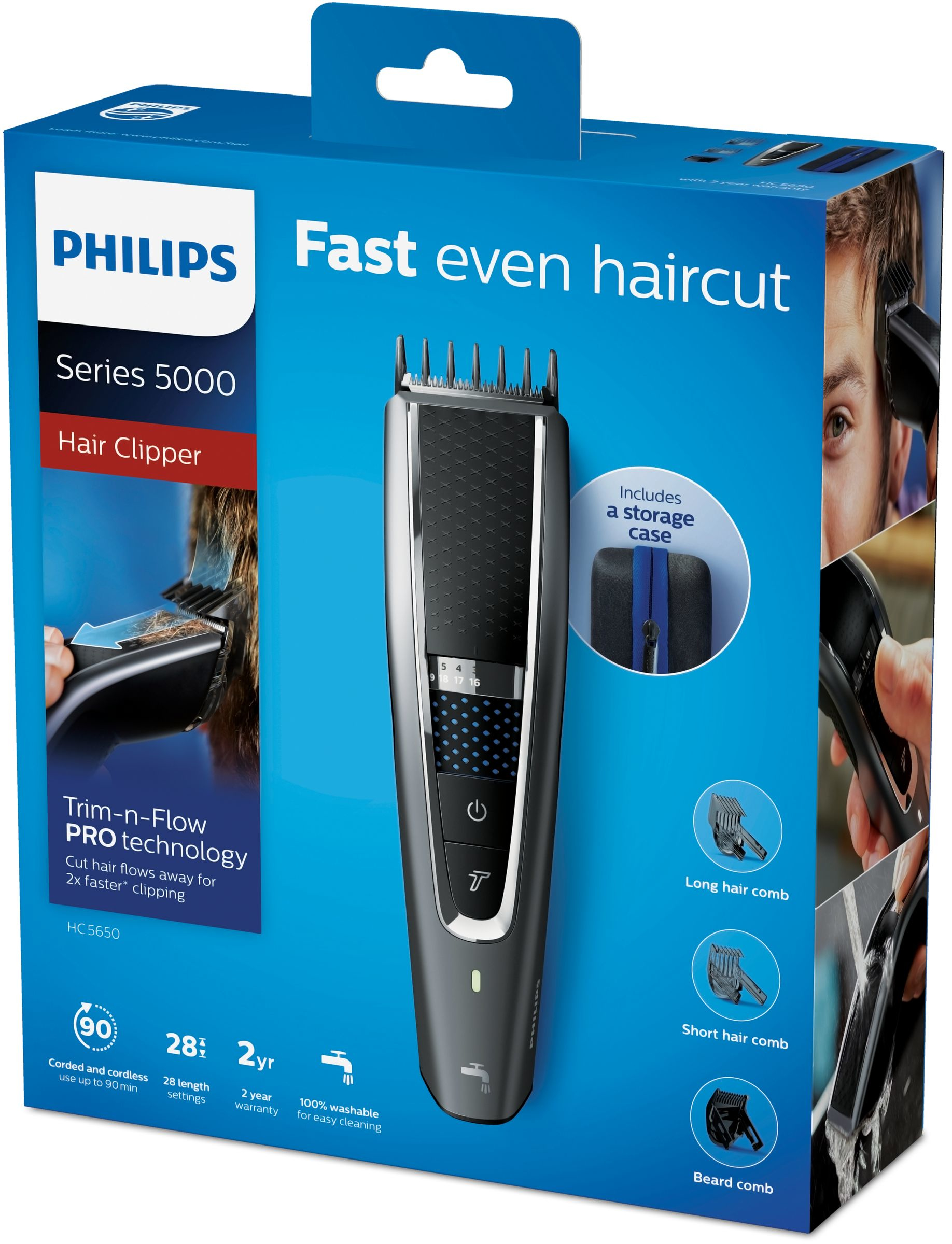 Embalaje de la cortadora de pelo Philips Series 5000, que muestra el producto, sus características y a una persona usándolo.