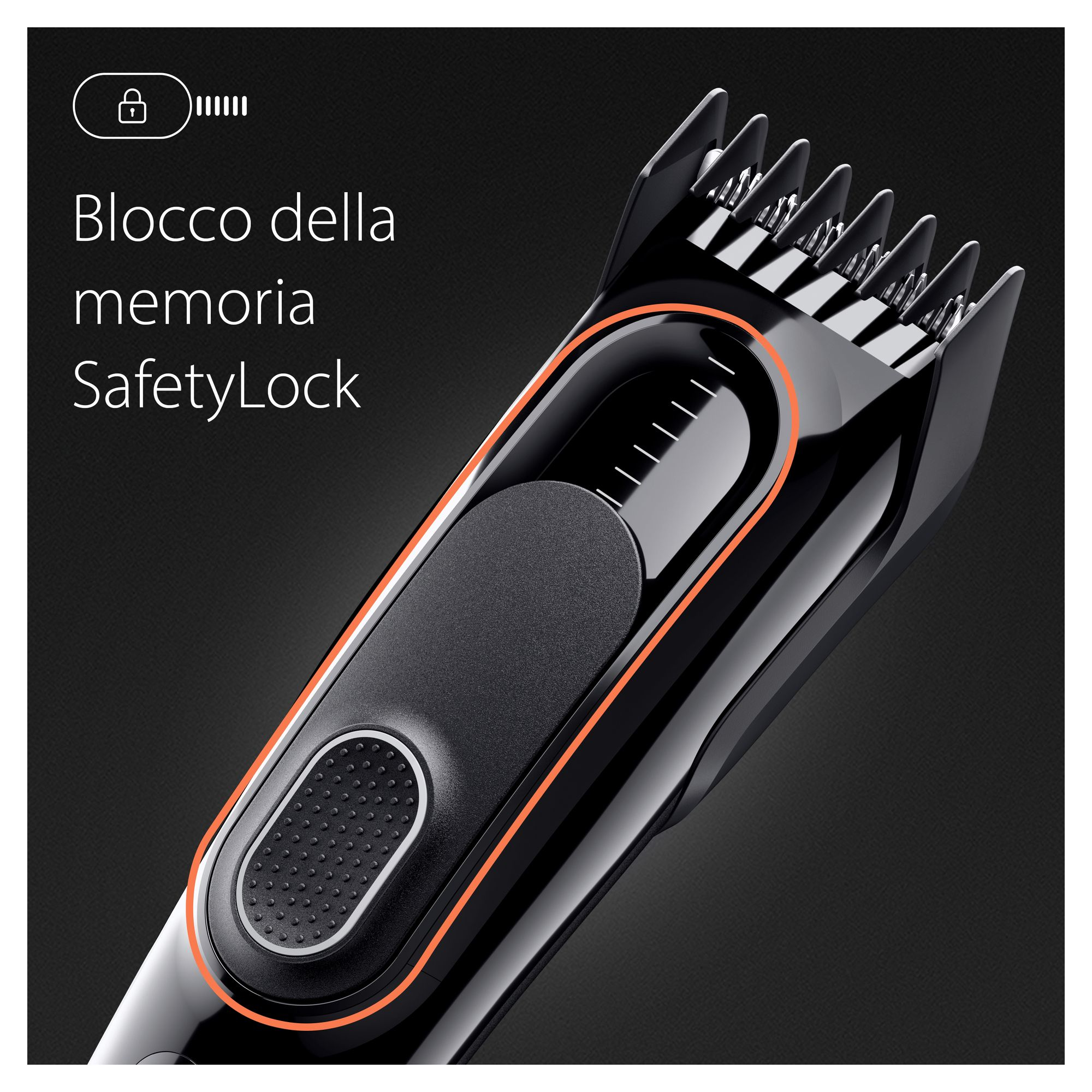 Primer plano de una cortadora de pelo negra. Texto: SafetyLock. Contorno naranja.