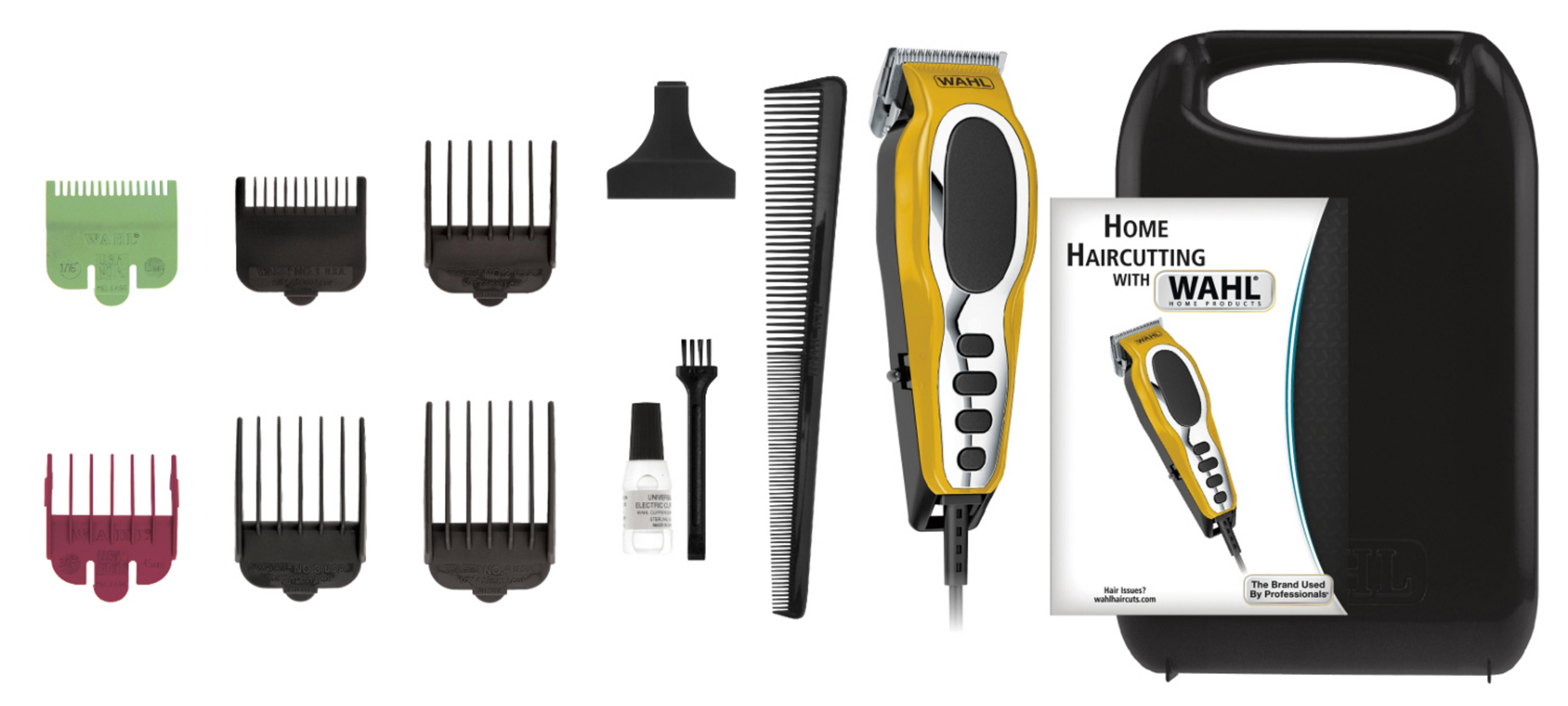 Verschiedene Haarschneidewerkzeuge, darunter Clipper, Kämme, Aufsätze und ein Koffer. Meist weißer Hintergrund.