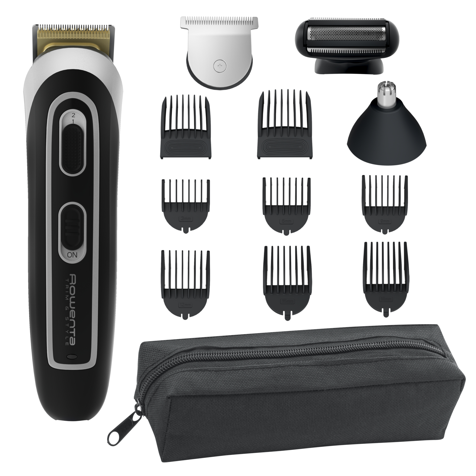 Recortadora de barba Rowenta negra y plateada con múltiples accesorios, incluida una bolsa de almacenamiento.