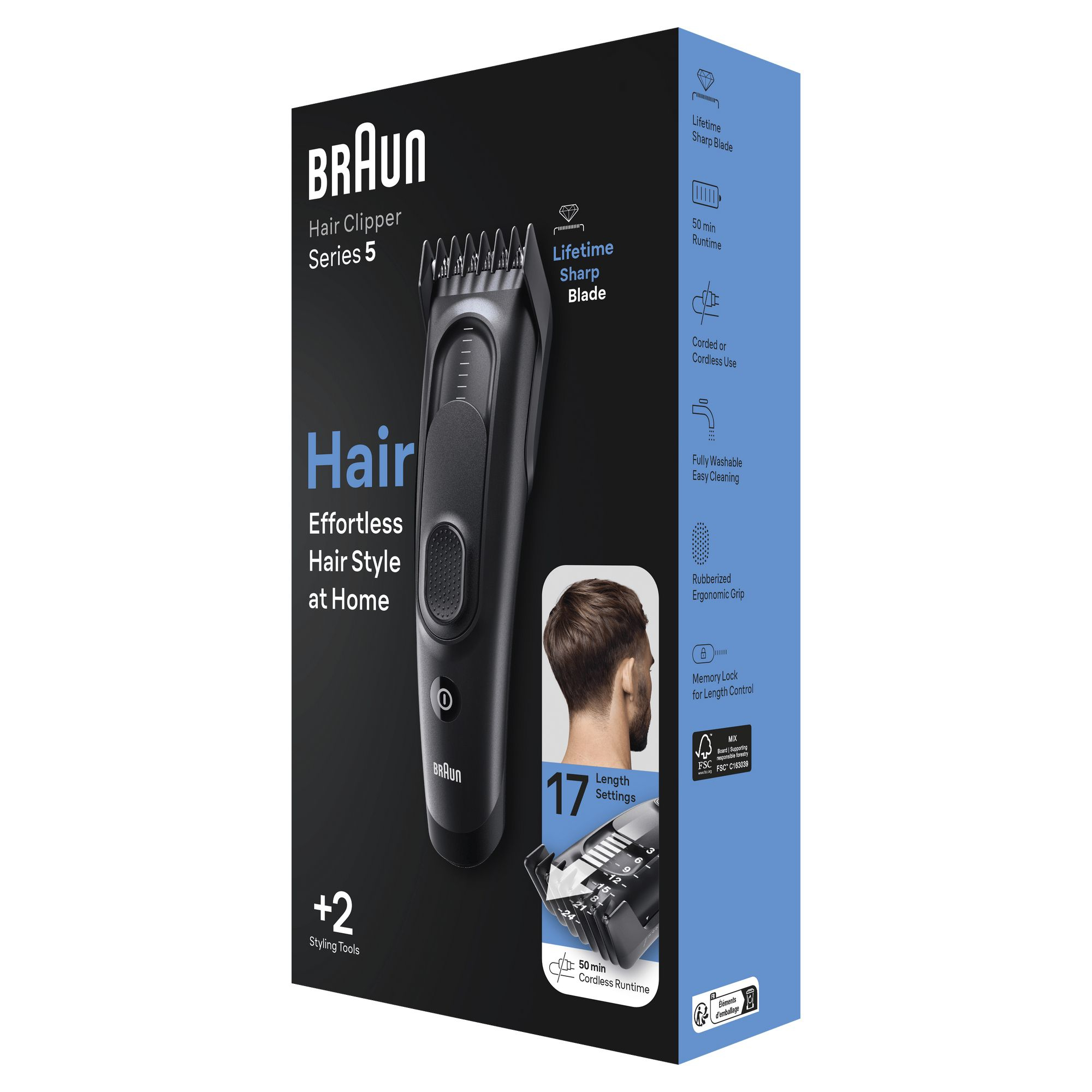 Eine Braun Haarschneider Serie 5 Box. Sie zeigt einen schwarzen Clipper, Haare und Styling-Tools auf blauem Hintergrund.