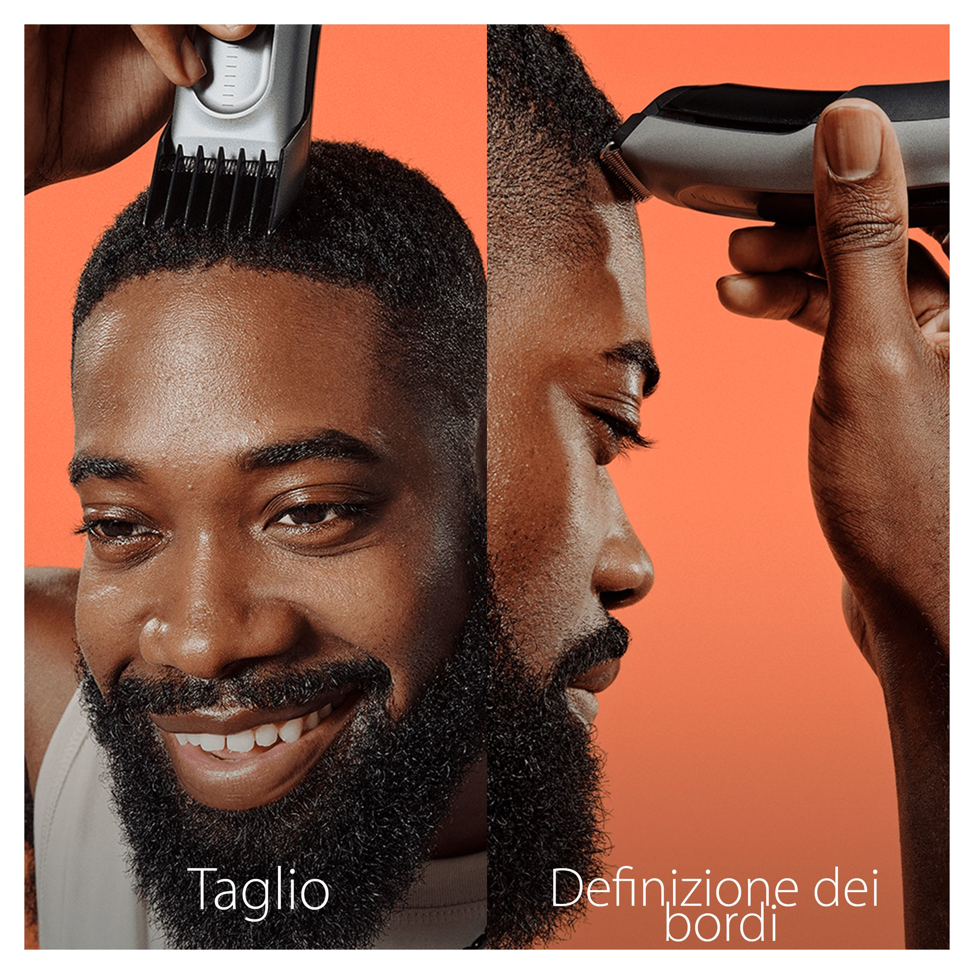 Mężczyzna przycina włosy. Jeden obrazek pokazuje przycinanie brody, drugi strzyżenie włosów.