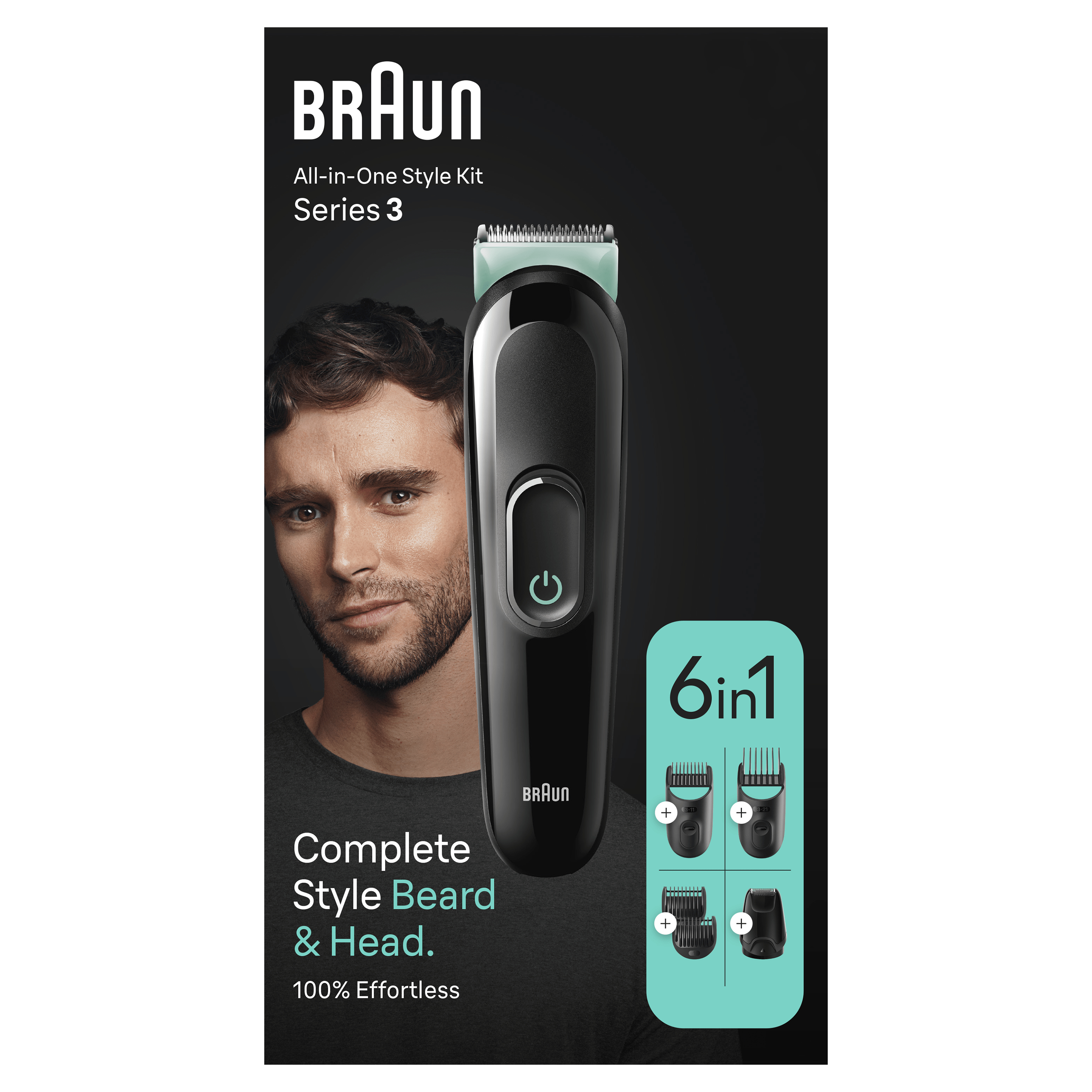 Braun All-in-One Style Kit Serie 3, con un hombre y el producto.