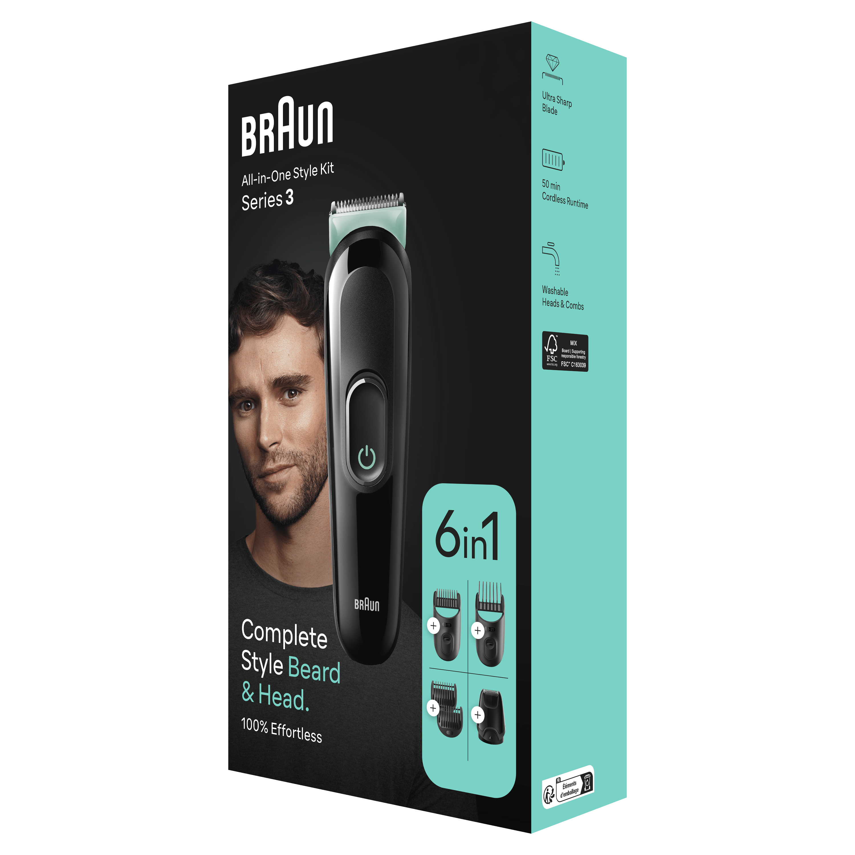 Una caja del recortador de barba Braun Series 3 muestra la cara de un hombre, el recortador y los cabezales accesorios.