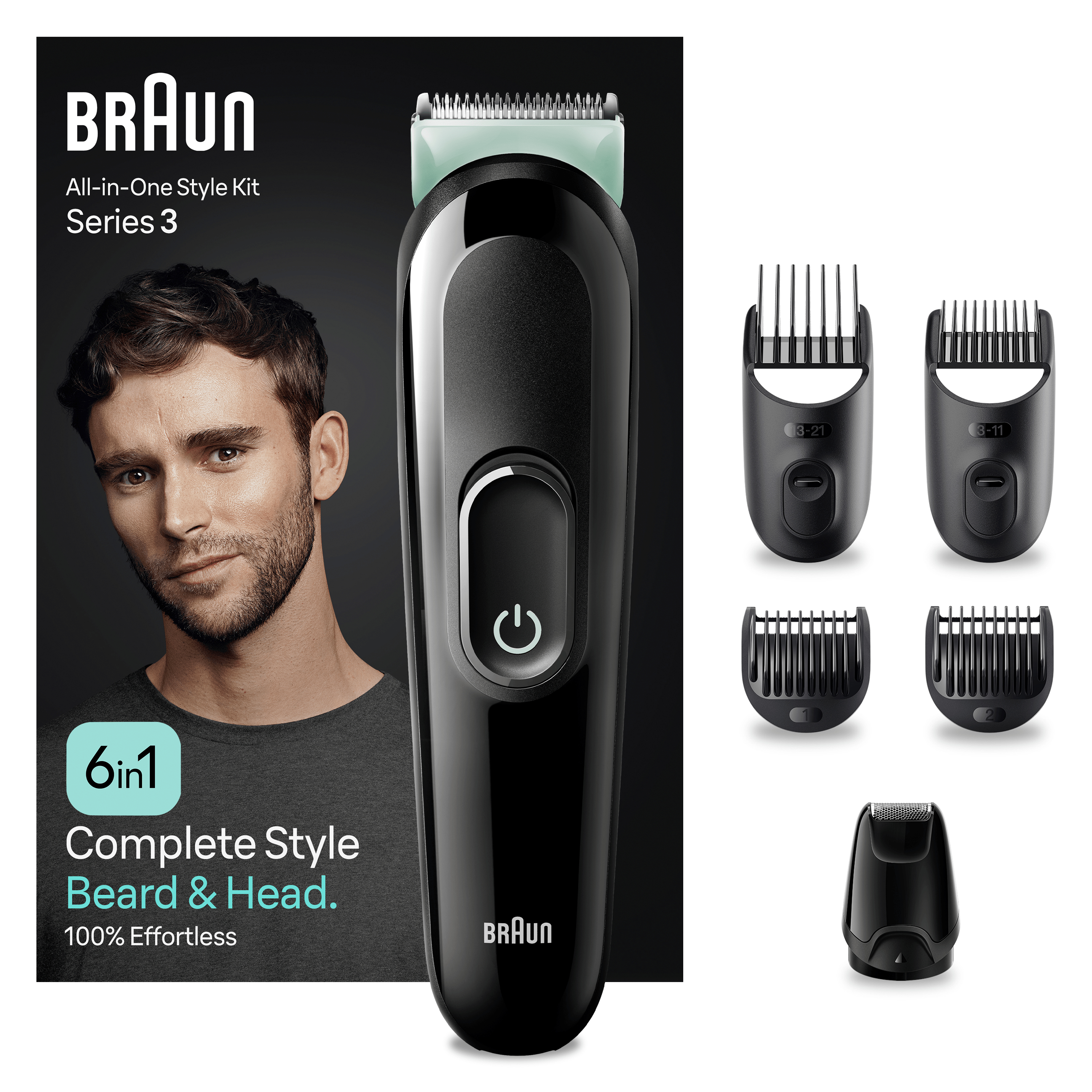 Set de recortadora de barba Braun con rostro masculino y cabezales. Fondo blanco.