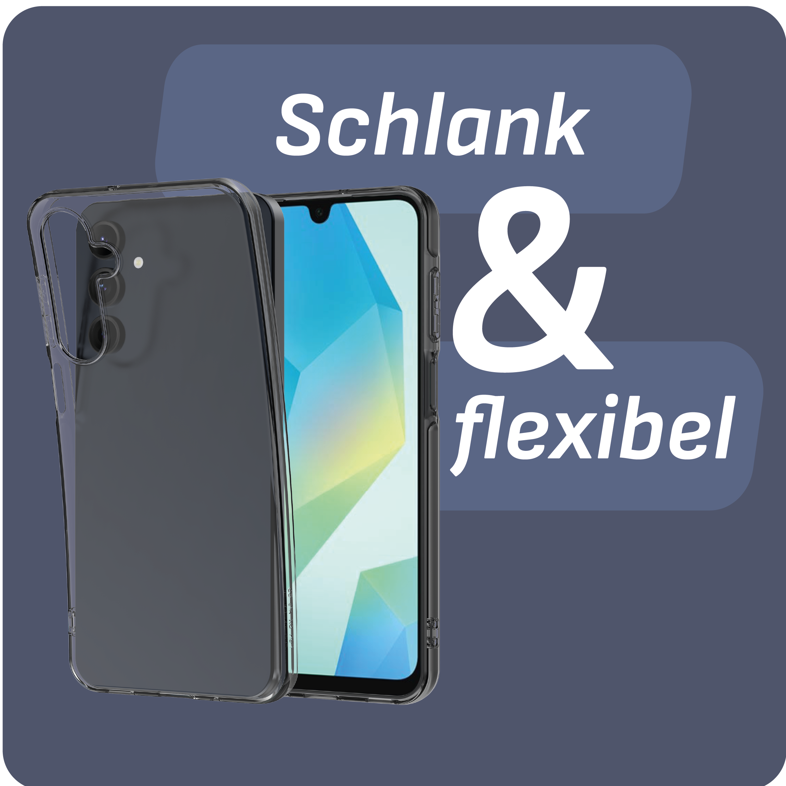 Telefon mit Hülle, zweiteilig, auf dunkelblauem Hintergrund.