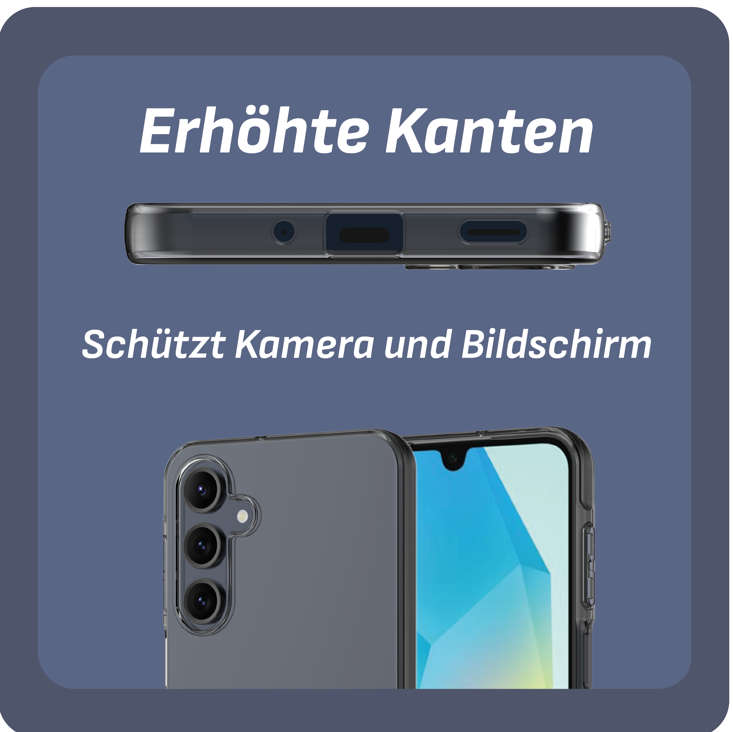 Nahaufnahme einer Handyhülle, mit dem Text 'Erhöhte Kanten' und 'Schützt Kamera und Bildschirm'.