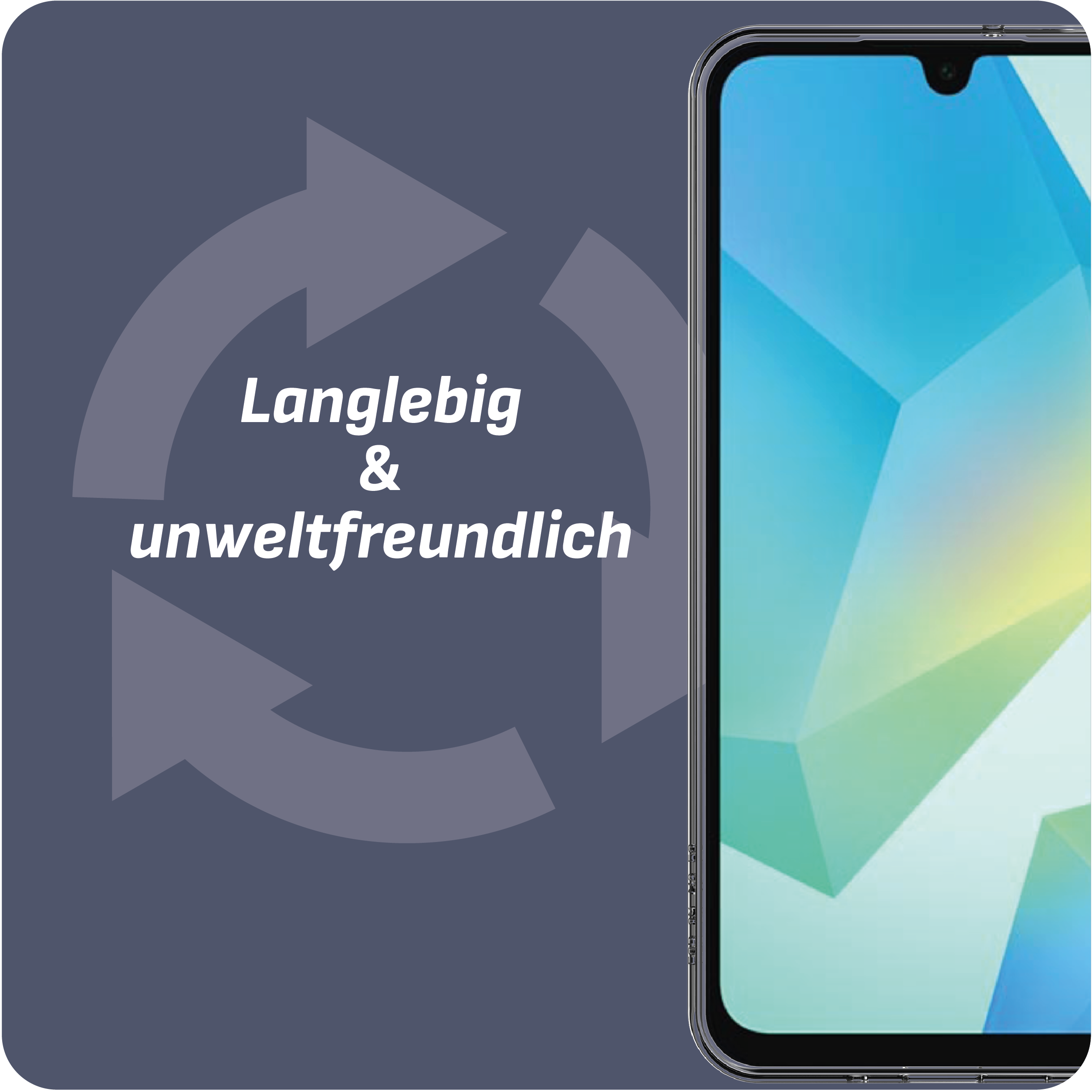 Telefonbildschirm mit abstrakten Formen, umgeben von Pfeilen und Text: Langlebig und umweltfreundlich.