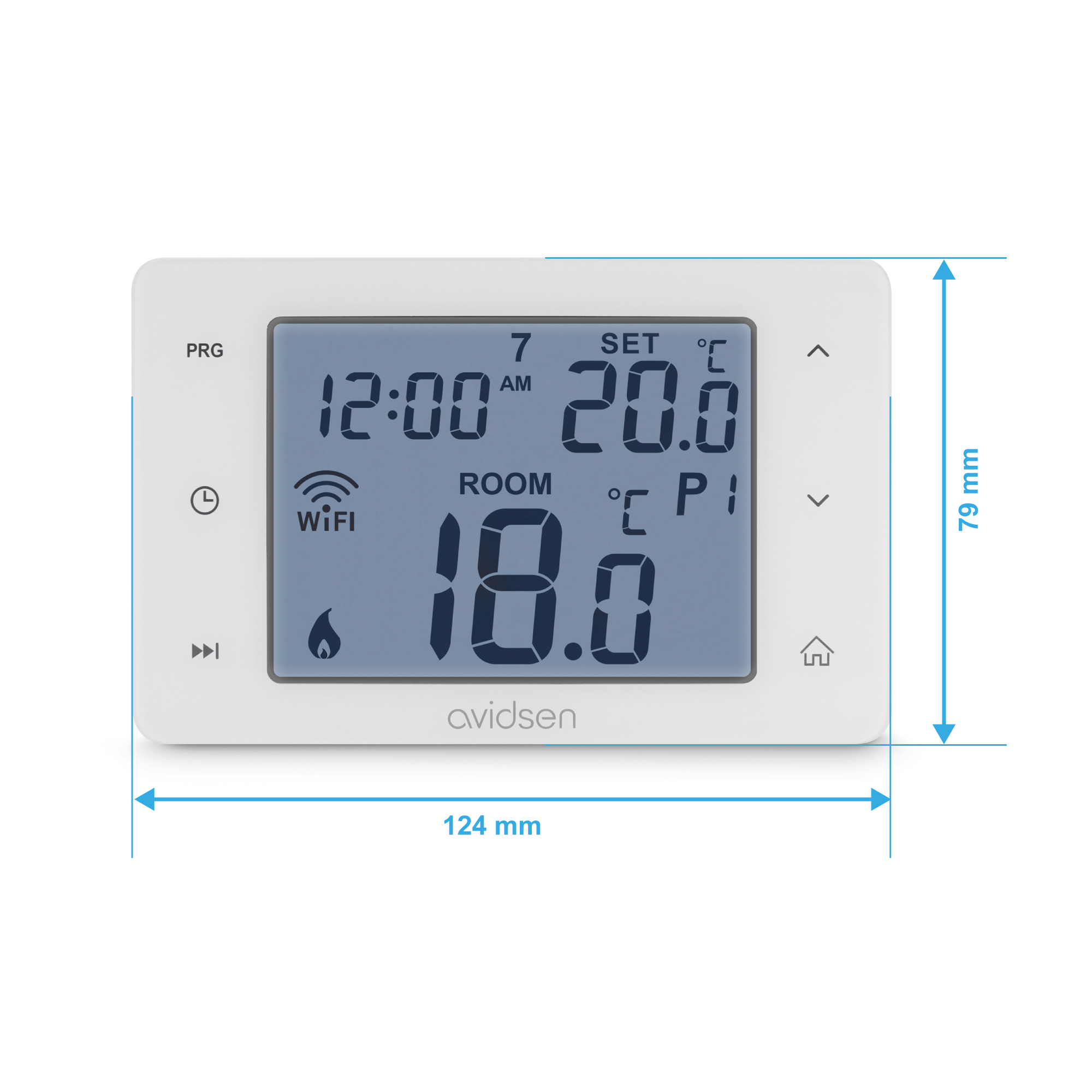 Termostato bianco con display digitale che mostra ora, temperatura e impostazioni.