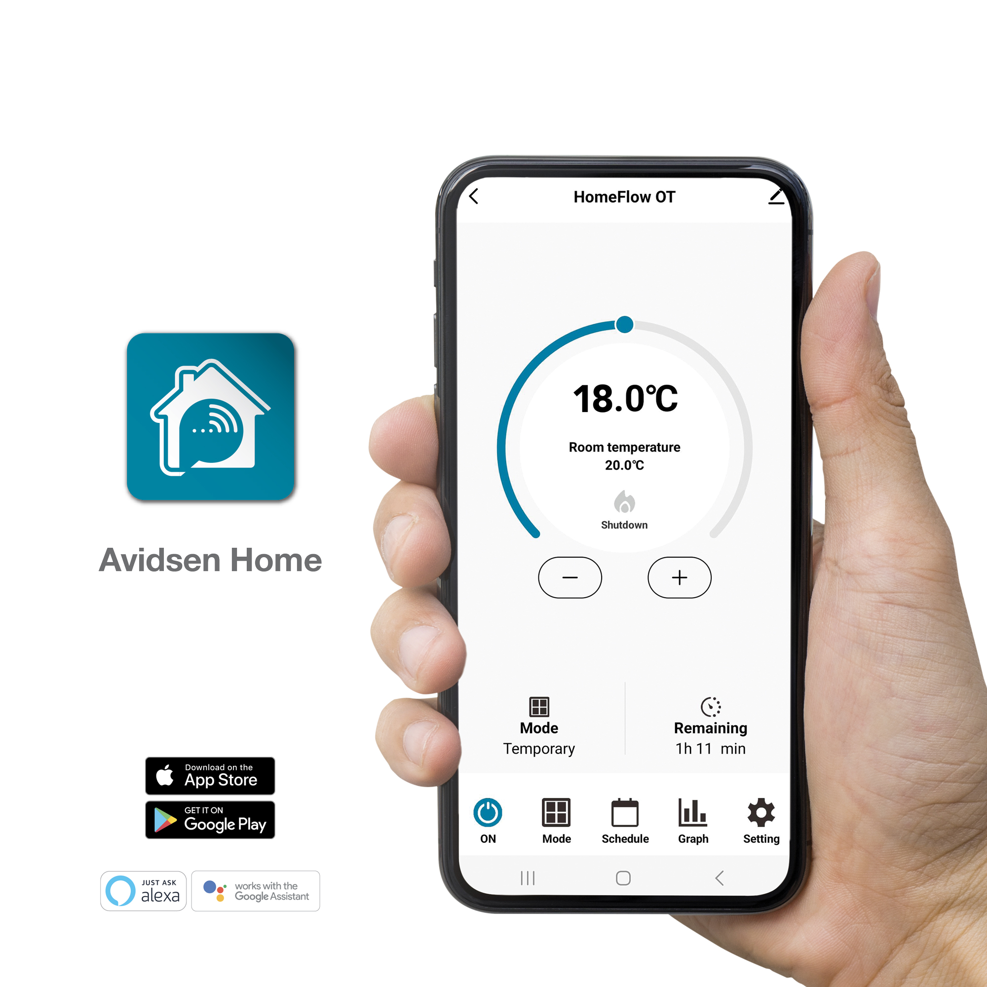 Una mano tiene uno smartphone che mostra la temperatura ambiente, informazioni e icone dell'app.