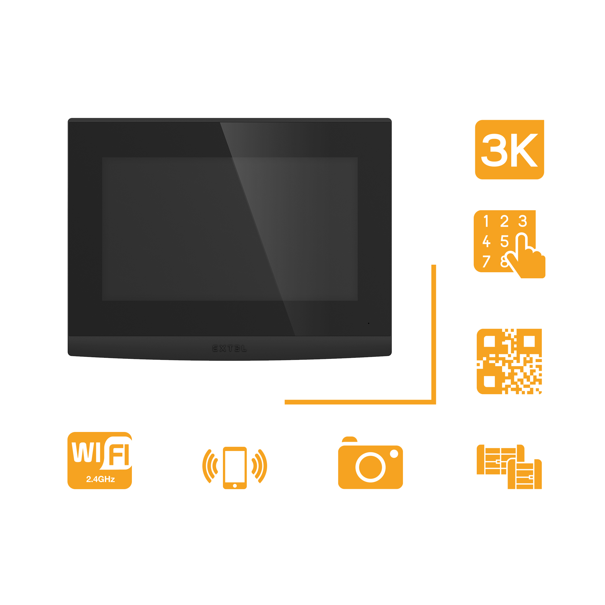 Una pantalla negra de intercomunicador Extel con iconos de Wi-Fi, teléfono, cámara, código QR y más.