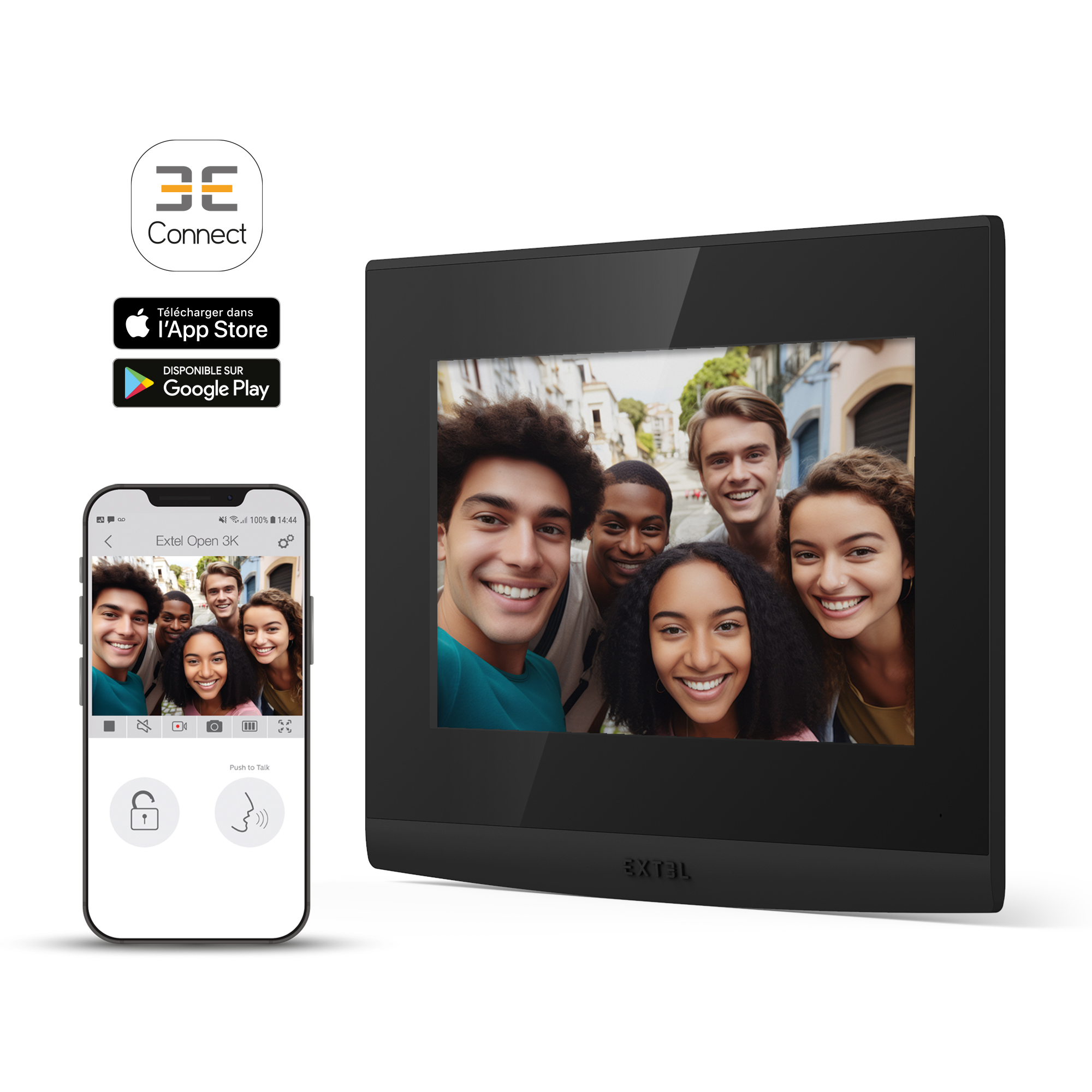 Intercomunicador de puerta digital negro con foto y smartphone con foto grupal.