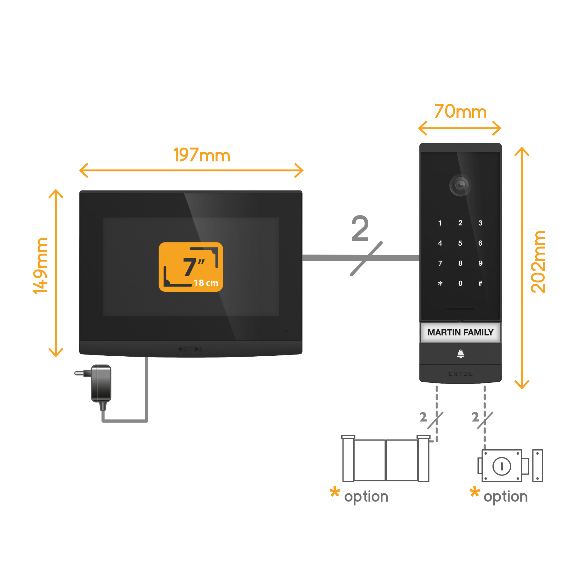 Sistema de intercomunicación negro con dimensiones, con pantalla y teclado con medidas.