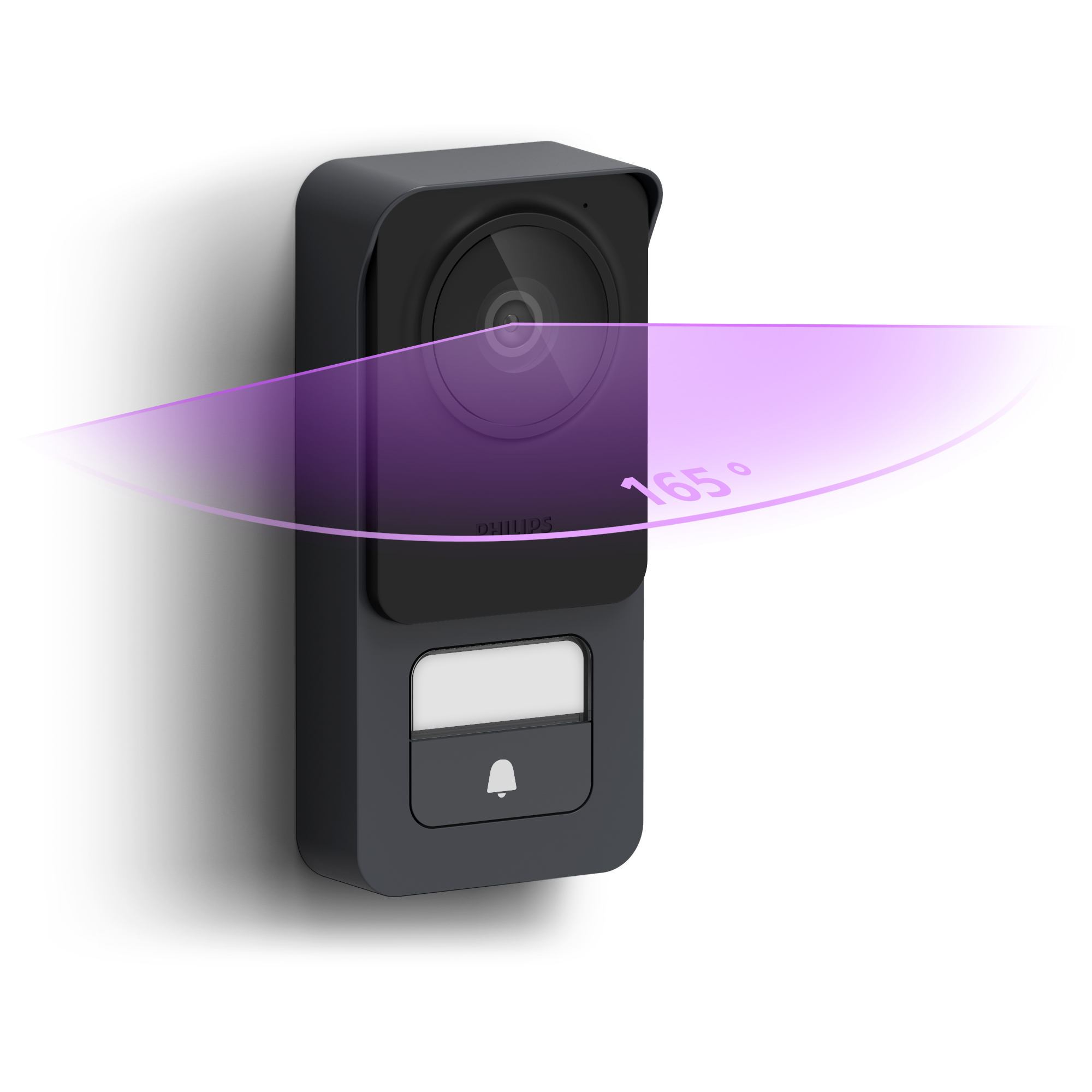Timbre de video negro con vista de 165 grados. Tiene una cámara, un botón y un símbolo de campana.