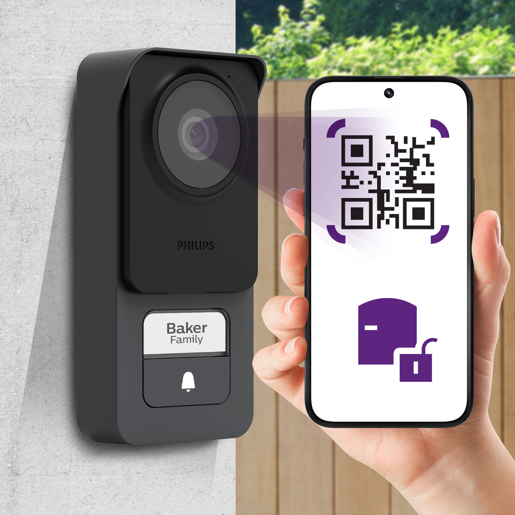 Timbre inteligente negro en la pared, mostrando un código QR en un teléfono.