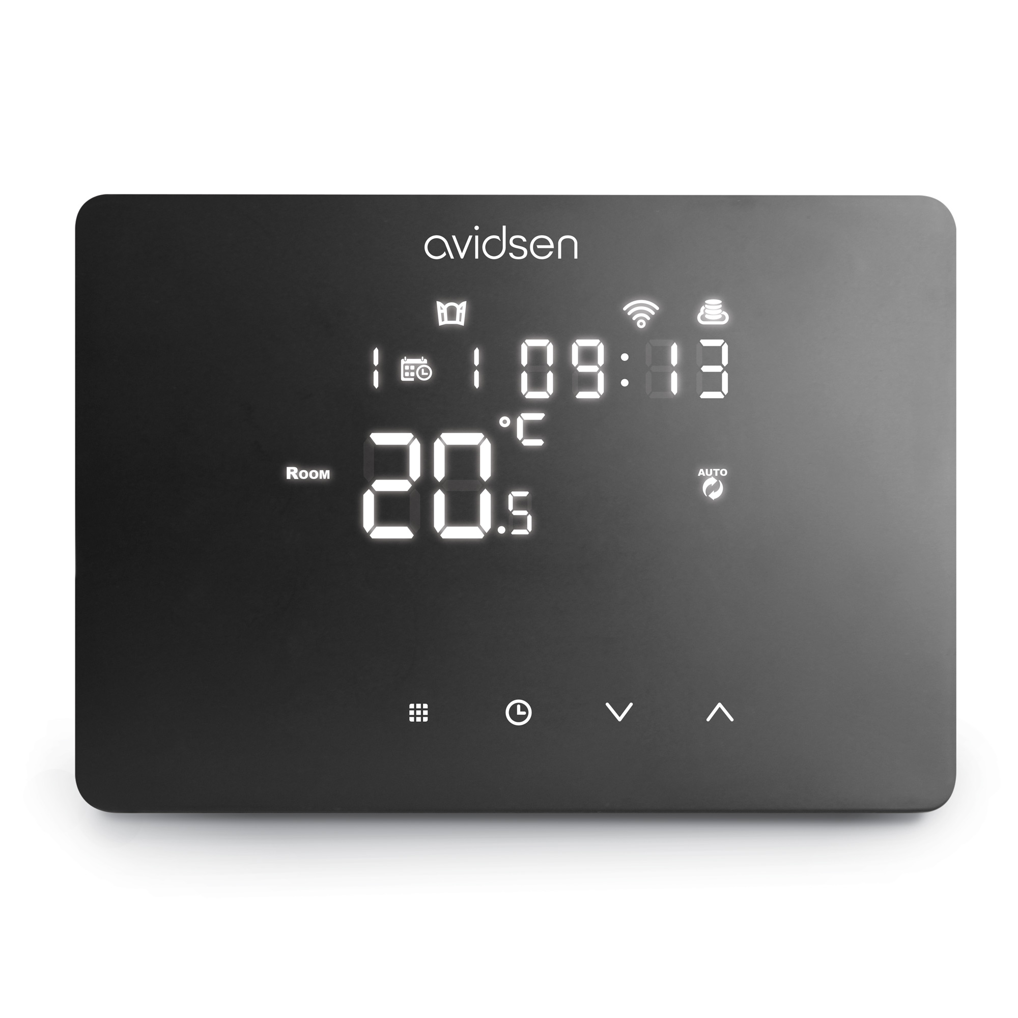 Un termostato Avidsen negro con pantalla digital que muestra temperatura, hora e iconos.
