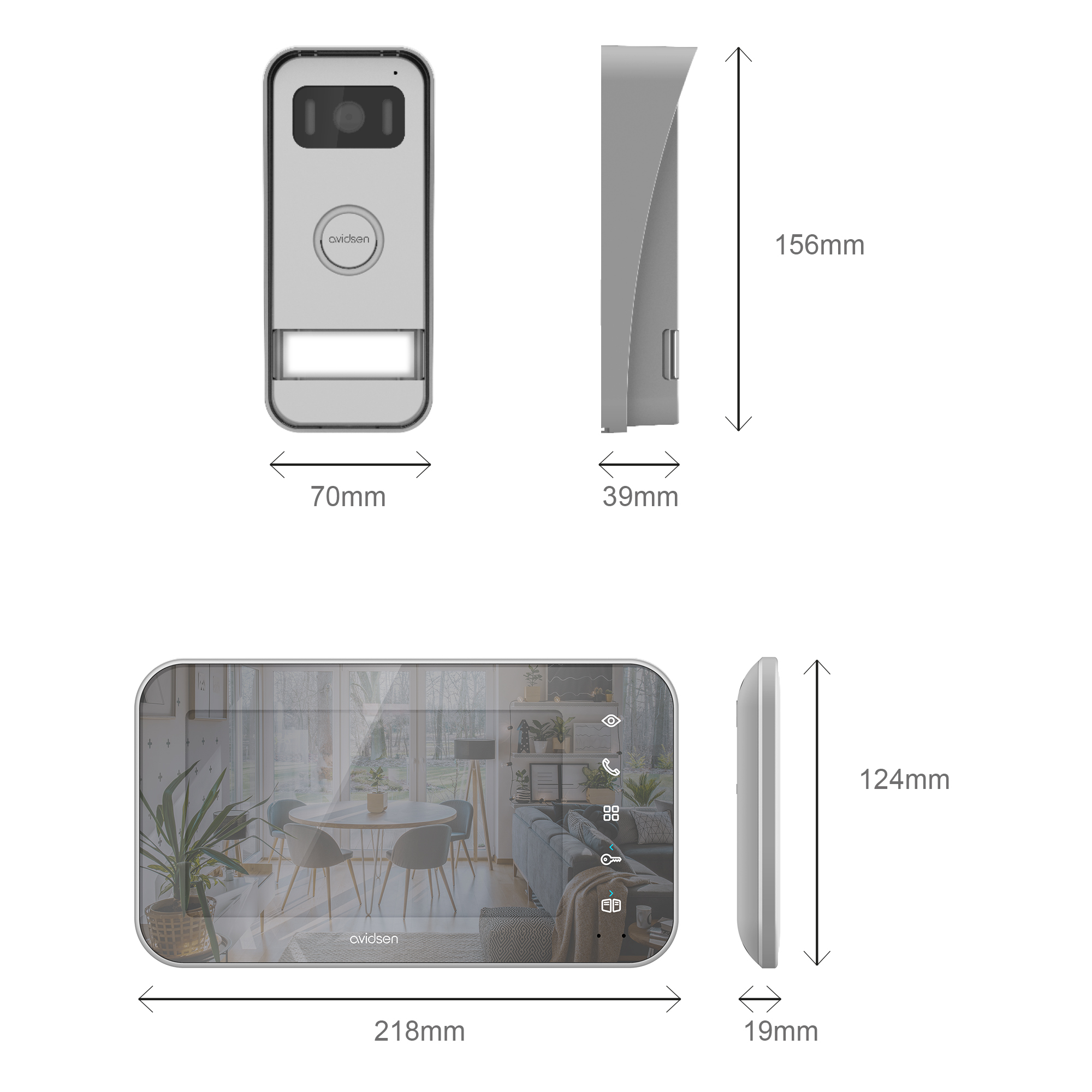 Un sistema de intercomunicación blanco con medidas: 70 mm x 156 mm y 218 mm x 124 mm.