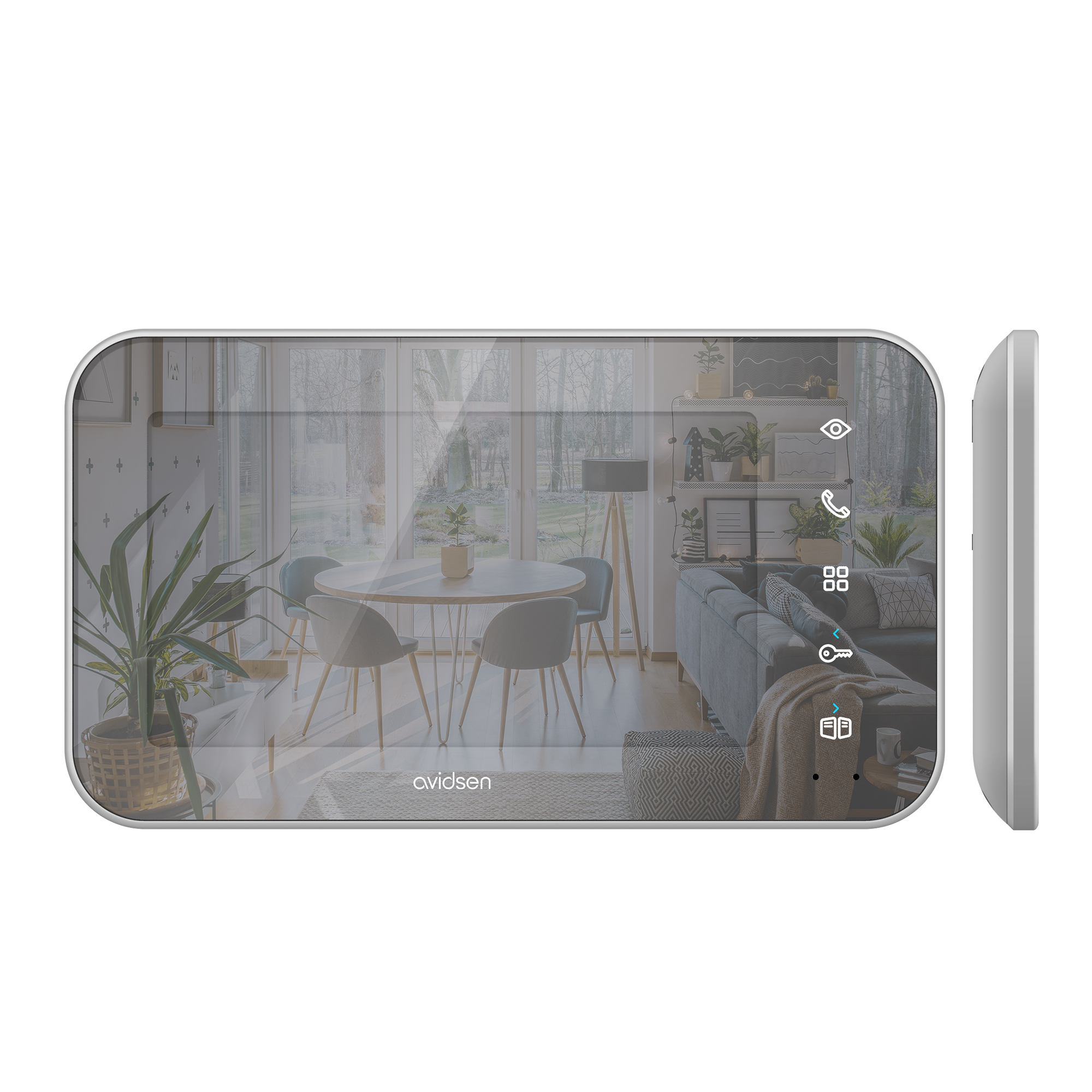 Un intercomunicador Avidsen plateado con pantalla que muestra una sala de estar, con botones a la derecha.