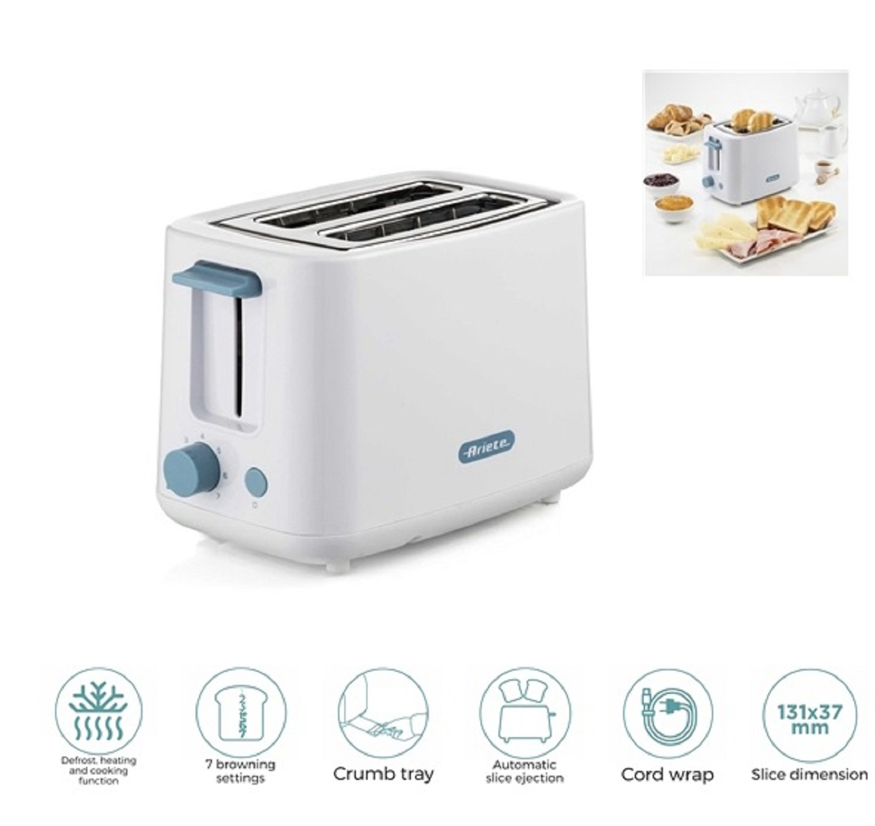 Un tostapane Ariete bianco con dettagli blu. Ha 7 impostazioni di doratura. Ci sono altri alimenti.