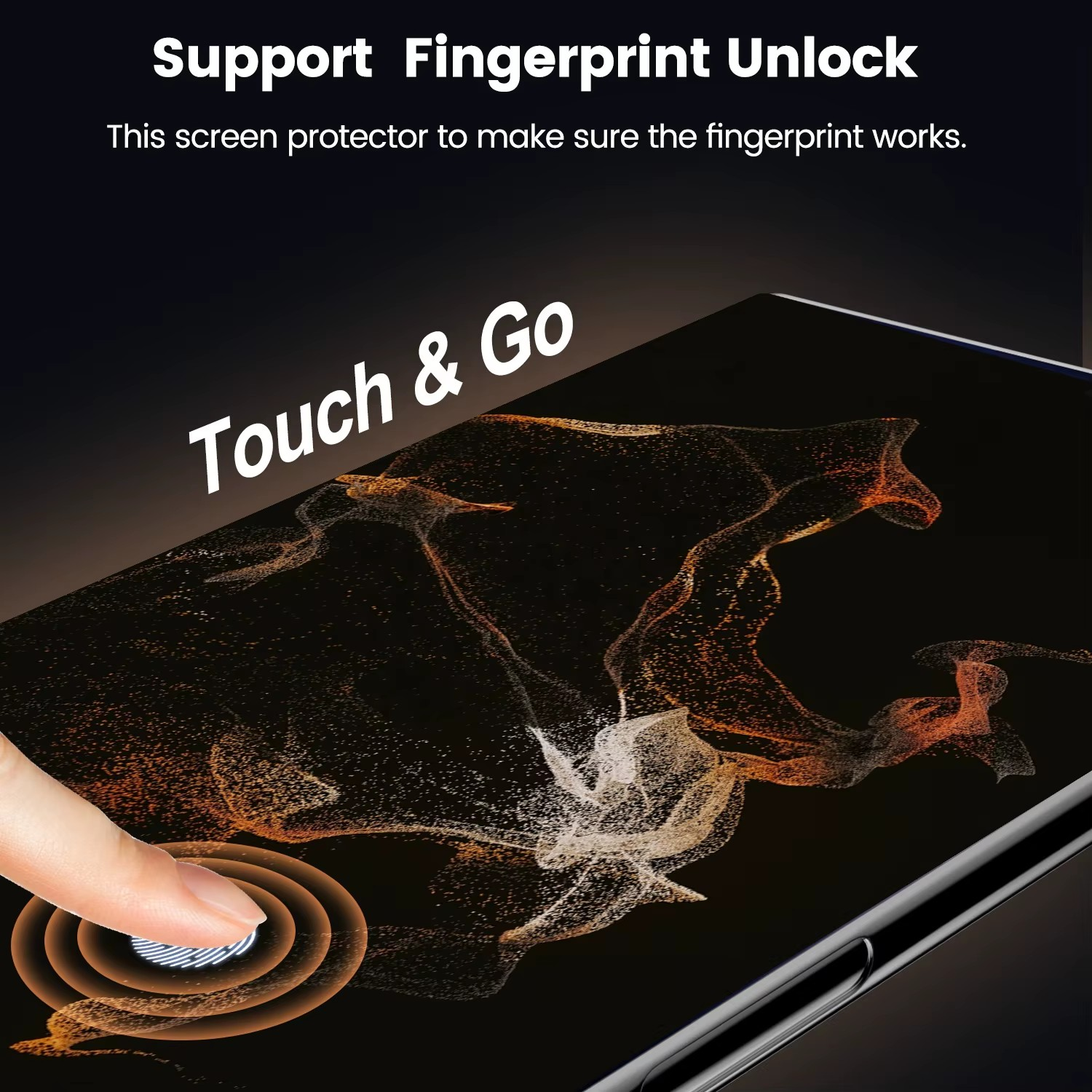 Finger berührt Telefonbildschirm. Text: 'Support Fingerprint Unlock'. Schwarzer Hintergrund, goldenes Design.