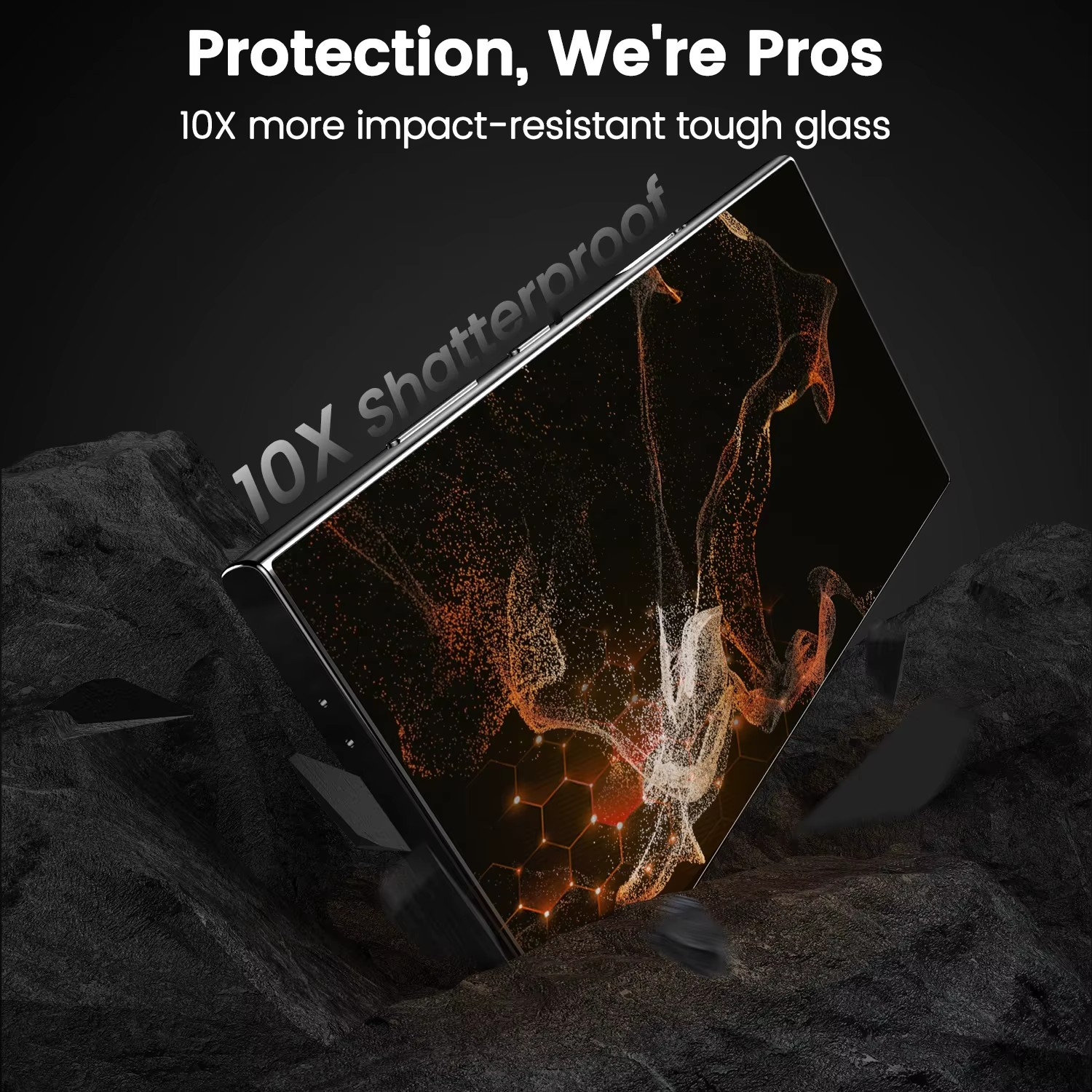 Schwarzes Telefon mit Text auf Felsen mit „Protection, We're Pros“ und „10X Shatterproof“.