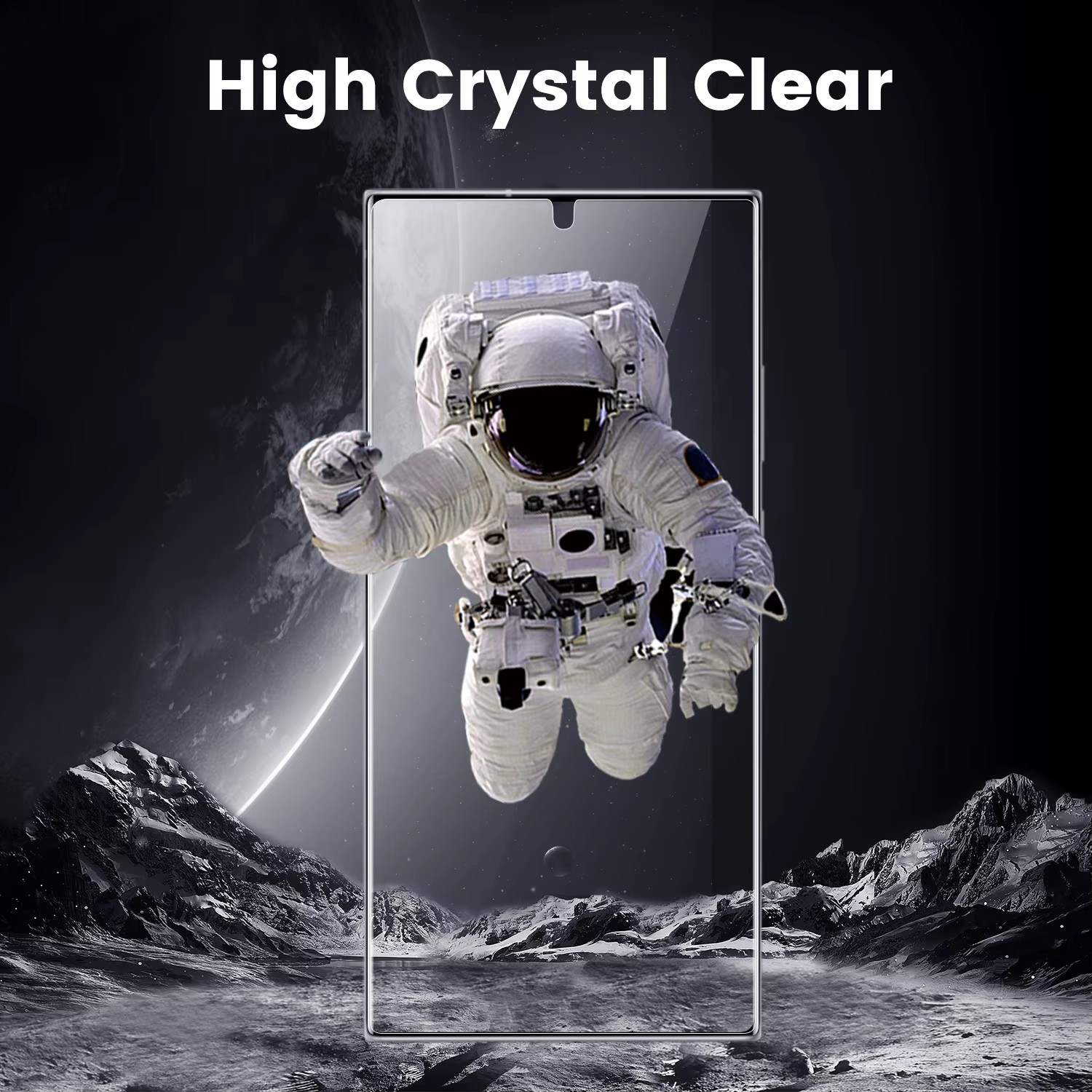 Klare Glasschutzfolie über einer Weltraumszene mit einem Astronauten. Text: High Crystal Clear.