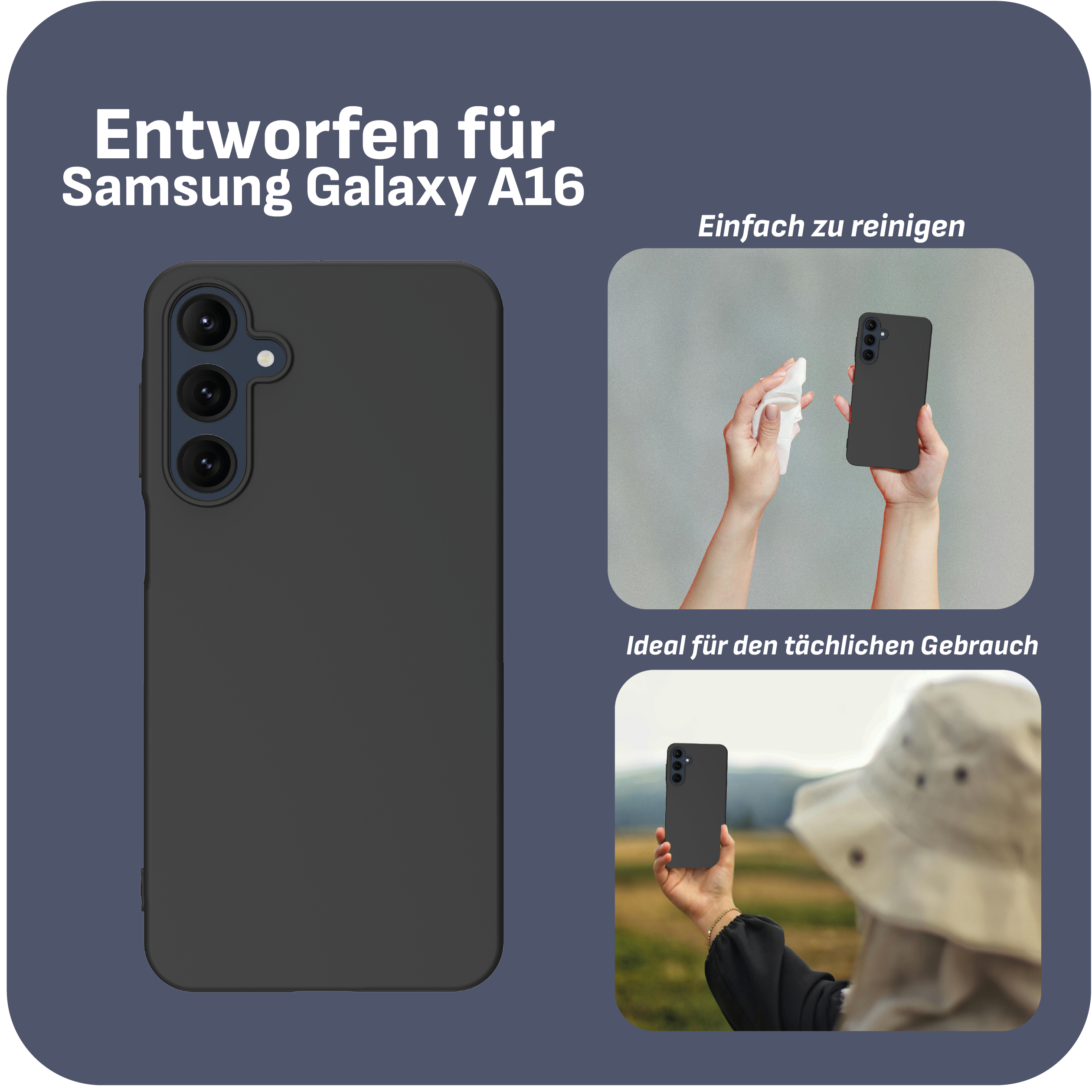 Eine schwarze Handyhülle mit einem Telefon, und Bilder zeigen, dass sie ideal für den täglichen Gebrauch ist.