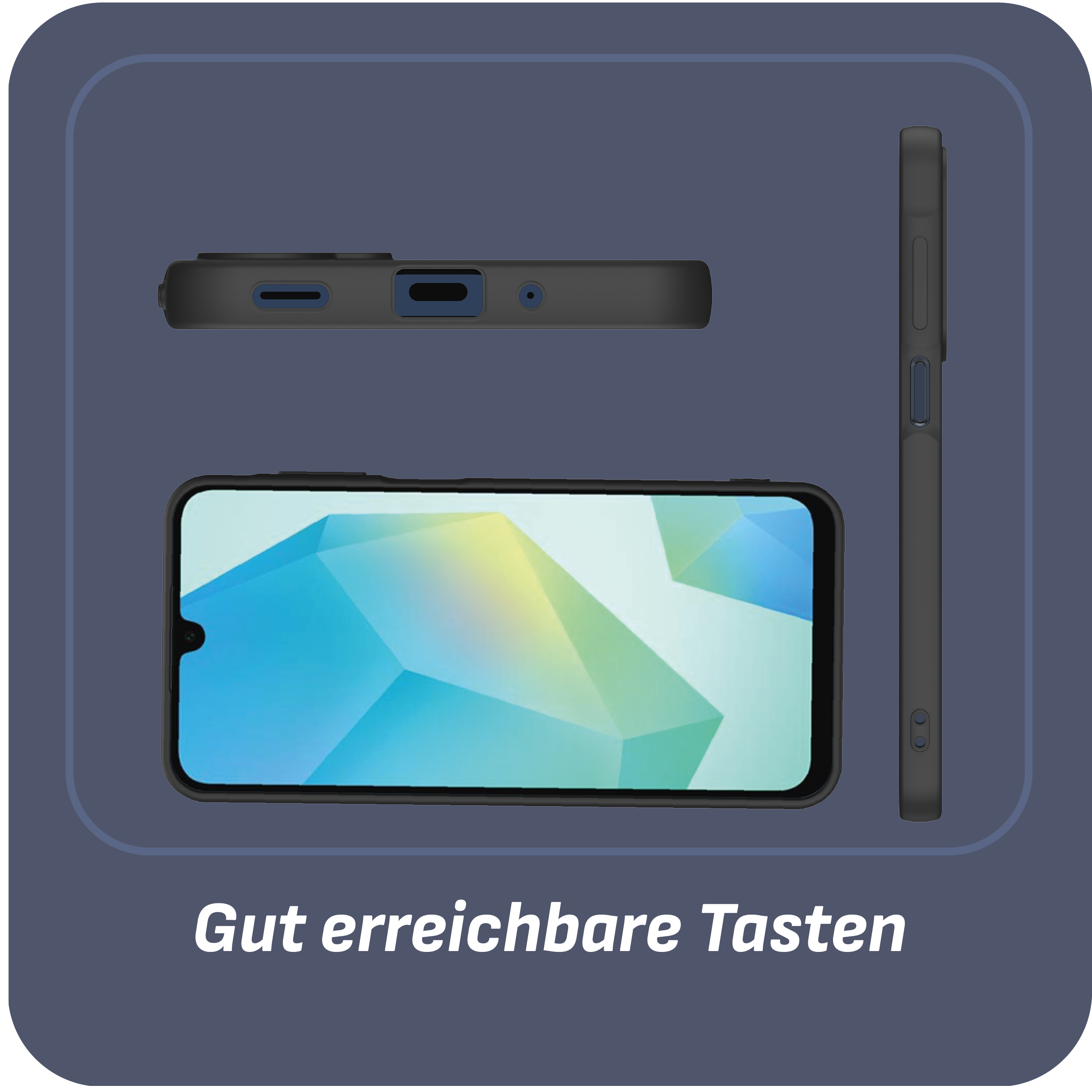 Handyhülle, verschiedene Ansichten: oben, Seite und vorne, zeigt den Bildschirm des Telefons.