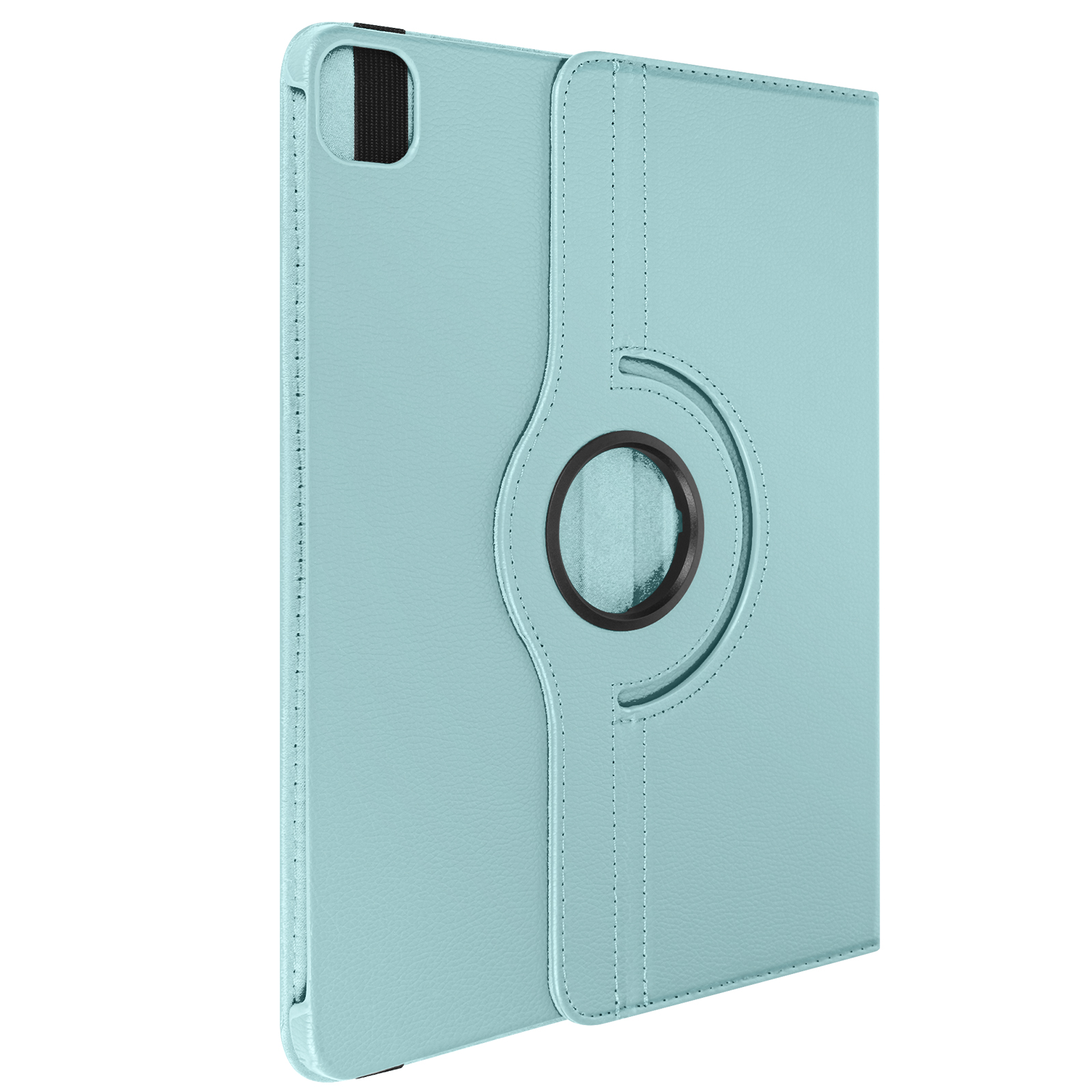 Custodia per tablet azzurra, mostra il retro. Ha un anello rotante e una fascia elastica nera.