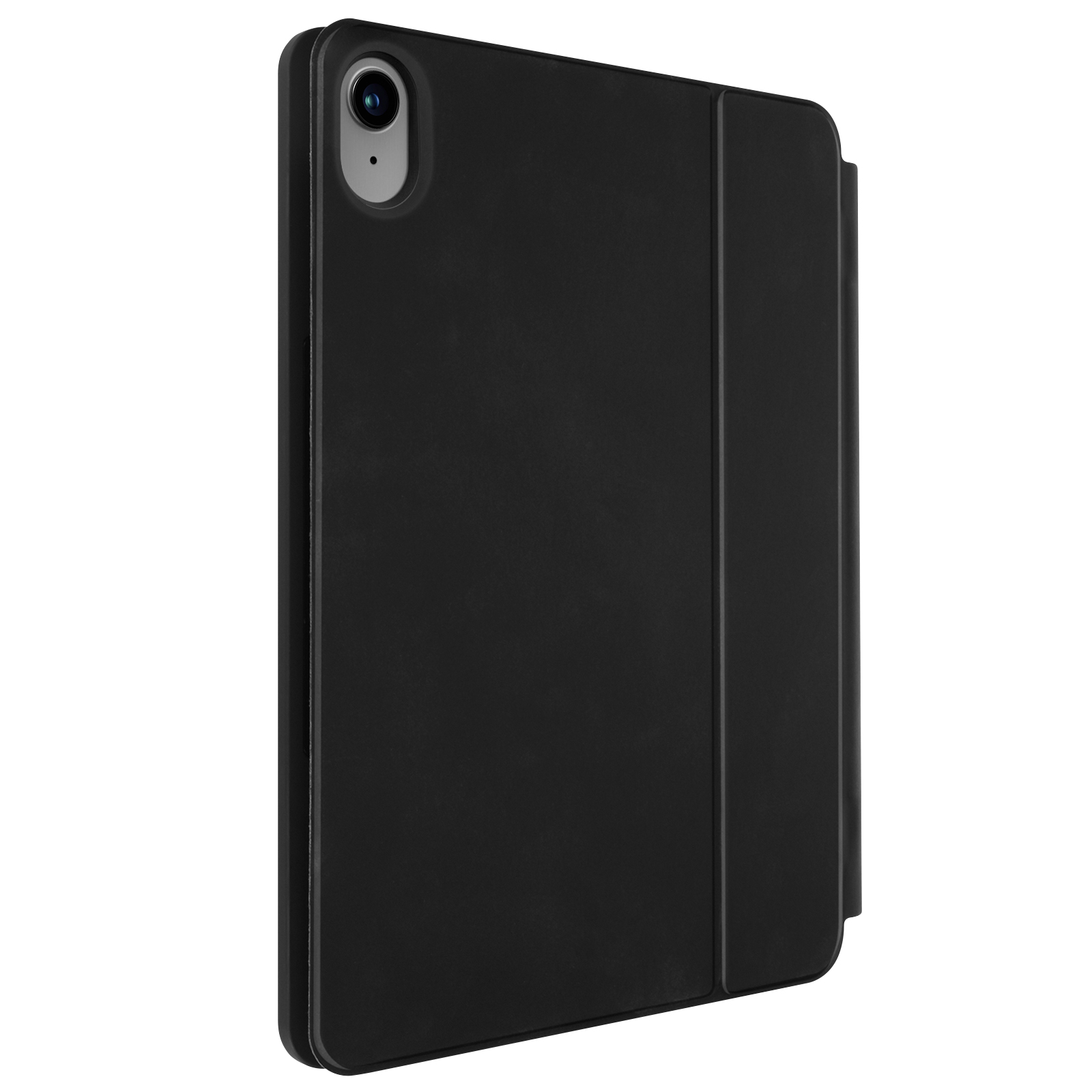 Custodia per tablet nera con ritaglio per la fotocamera. La custodia è chiusa e ha un design elegante e minimalista.