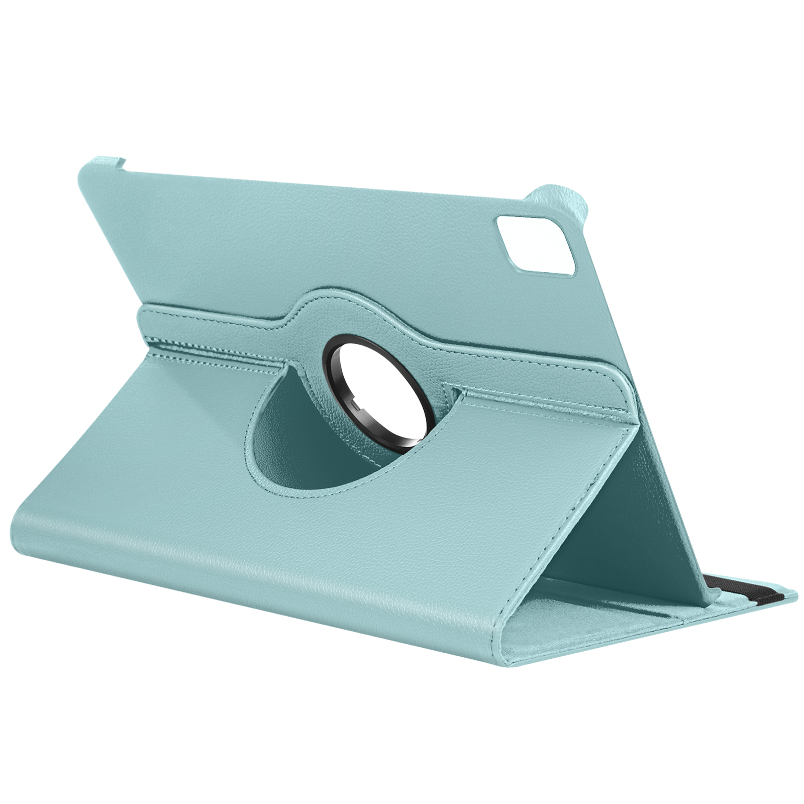 Custodia per tablet azzurra aperta. Il tablet è nella custodia. Ha un supporto rotante e un anello nero.