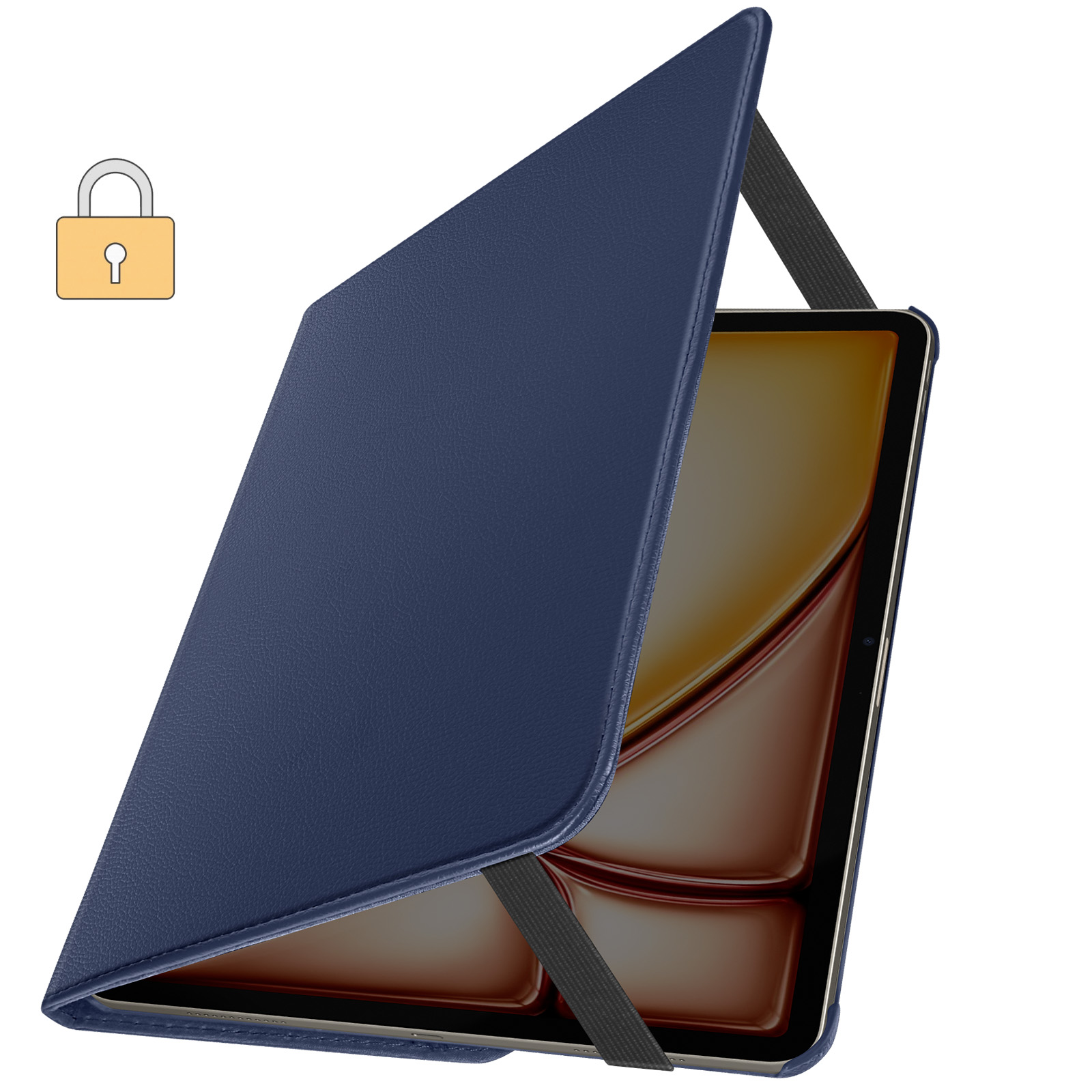 Custodia per tablet blu navy con un simbolo di lucchetto. La custodia è parzialmente aperta, mostrando il tablet all'interno.