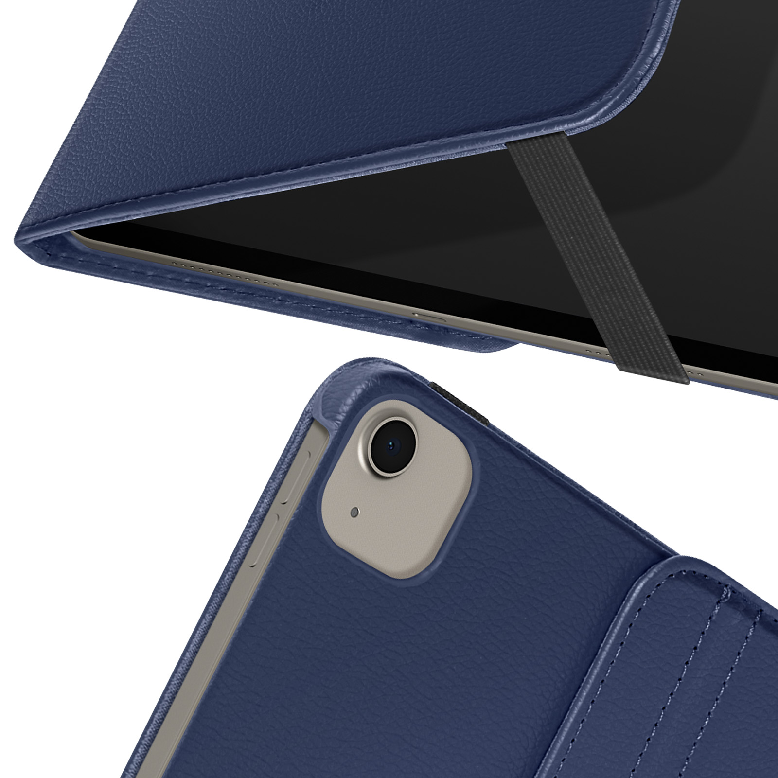 Custodia blu per tablet con elastico nero. Primo piano della fotocamera e della custodia.
