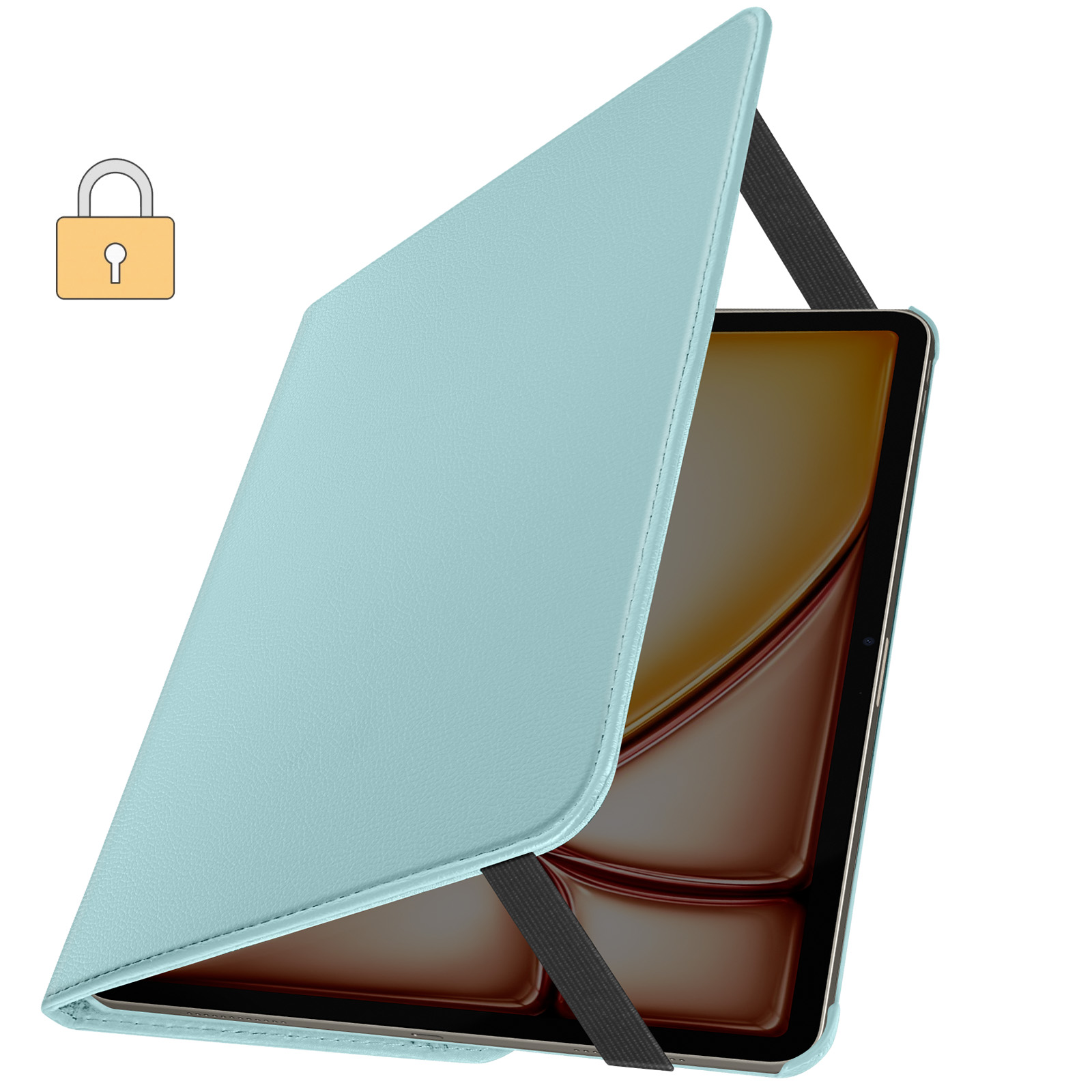 Una custodia per iPad azzurra con coperchio, fascia elastica nera e icona lucchetto.