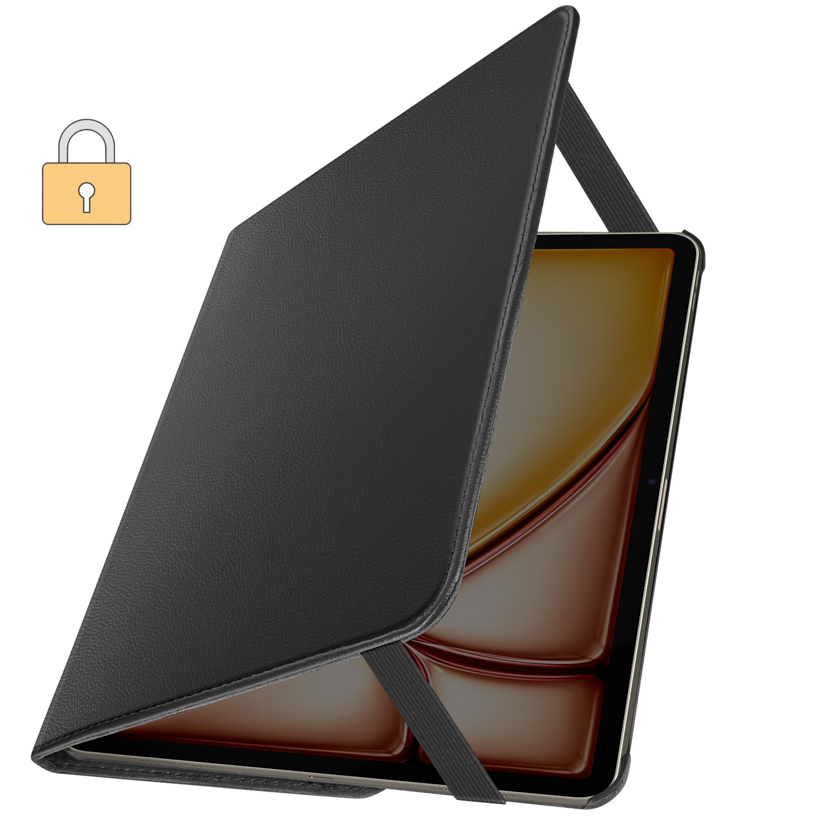 Una custodia per iPad nera con coperchio, fascia elastica nera e icona lucchetto.