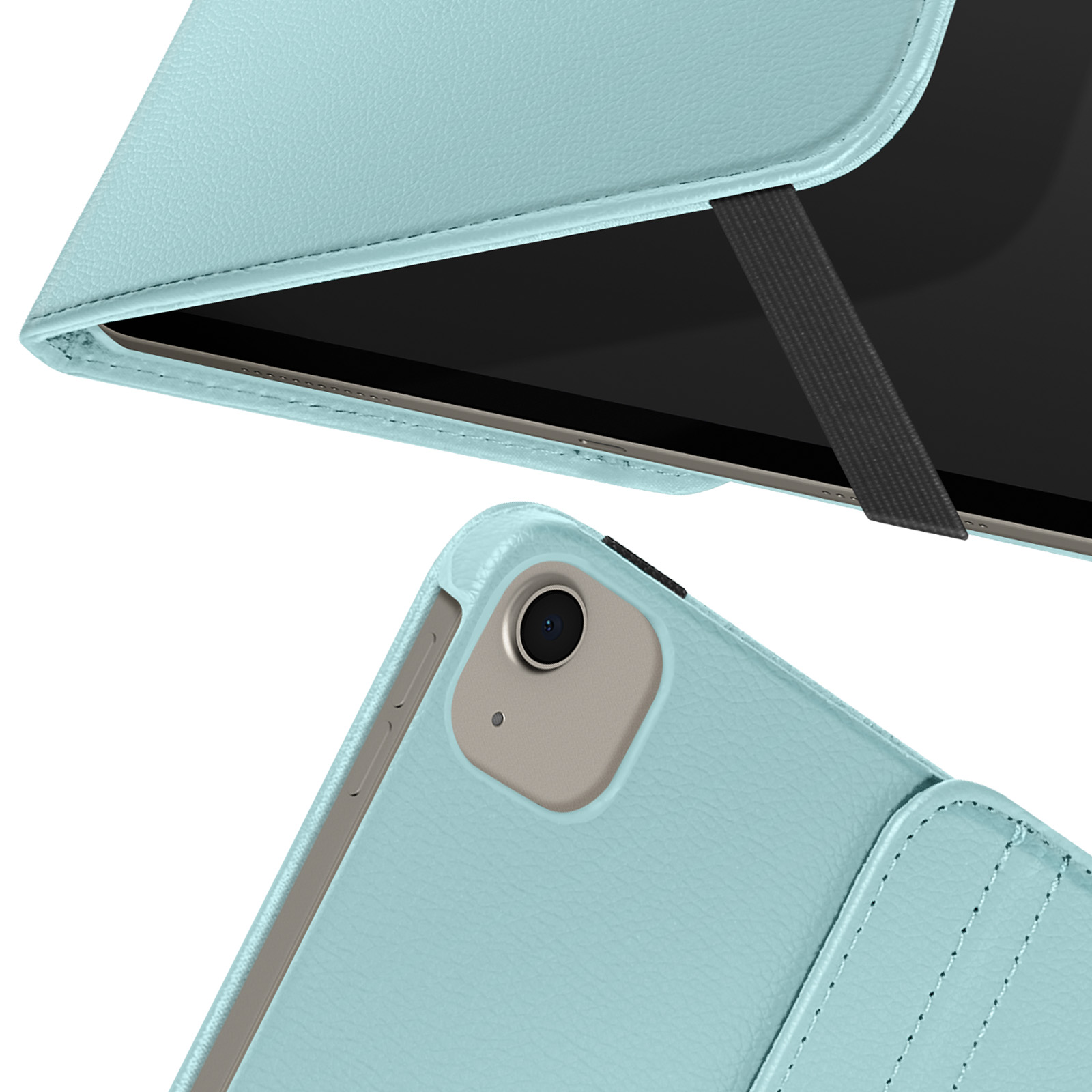 Custodia per tablet azzurra con elastico nero. Primo piano della fotocamera.