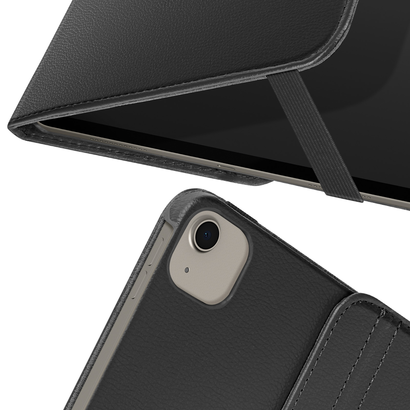 Primo piano di un tablet con fotocamera e custodia nera.