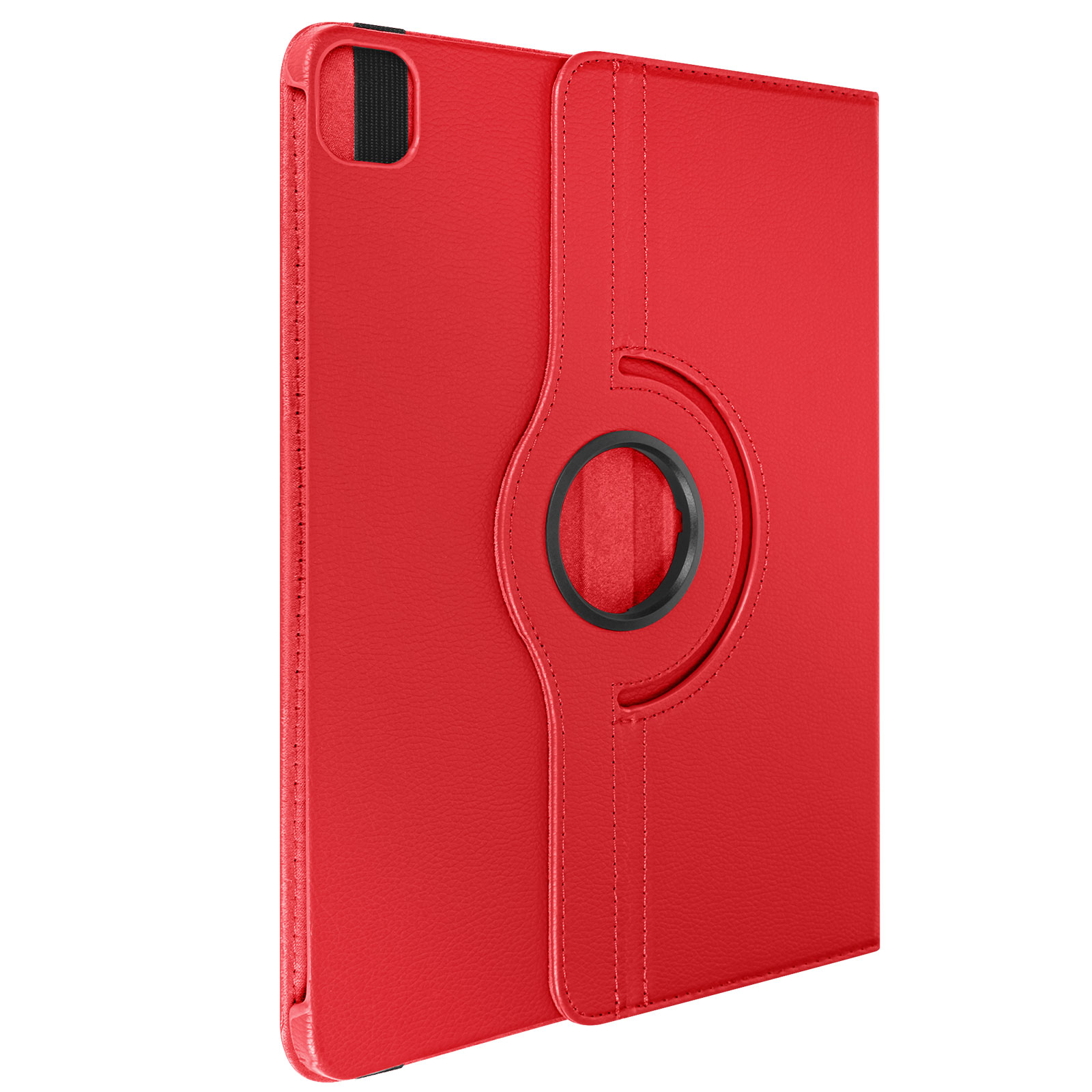 Custodia rossa per tablet con anello rotante e fascia elastica.